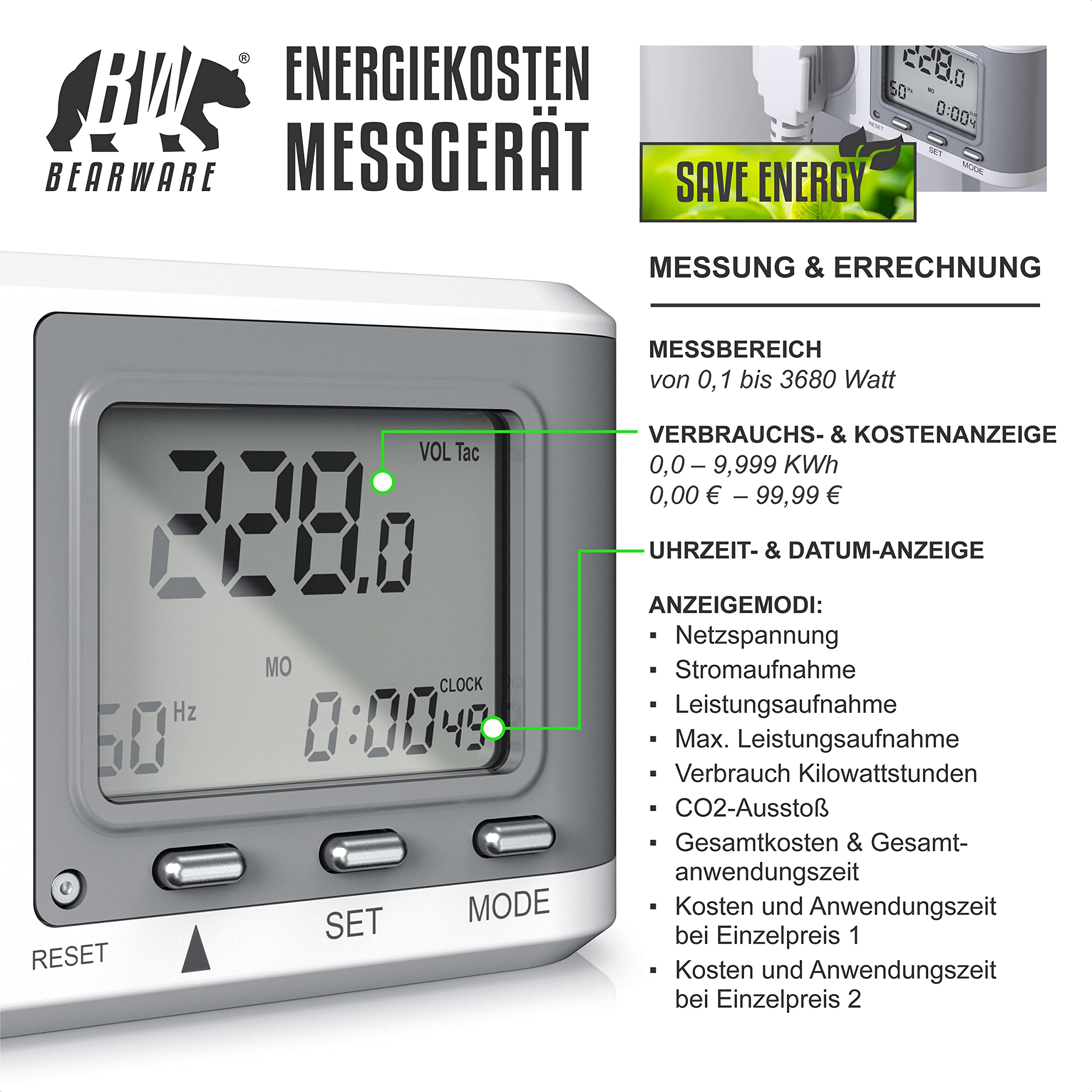 CSL - 3x Stromzähler für Steckdose, Energiekostenmessgerät, Strommessgerät mit erhöhtem Berührungsschutz, Stromverbrauchsmesser 3680W, Energiemessgerät