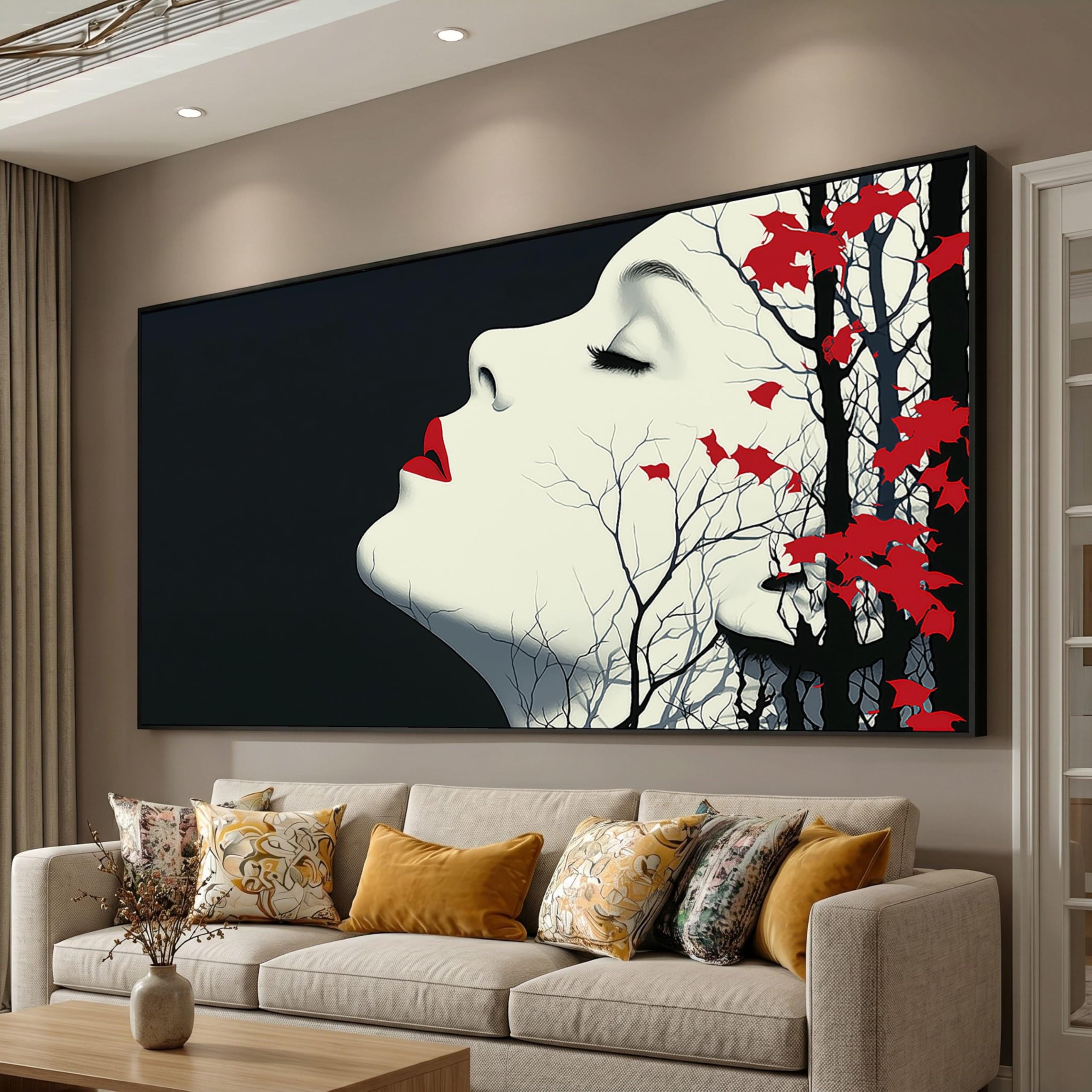 LMYCHENG Woman Face Portrait Wall Art, Abstract Art Canvas Prints, Red Lips Wall Pictures, Tree Branches Silhouette Oil Painting(30x50cm/Frameless)