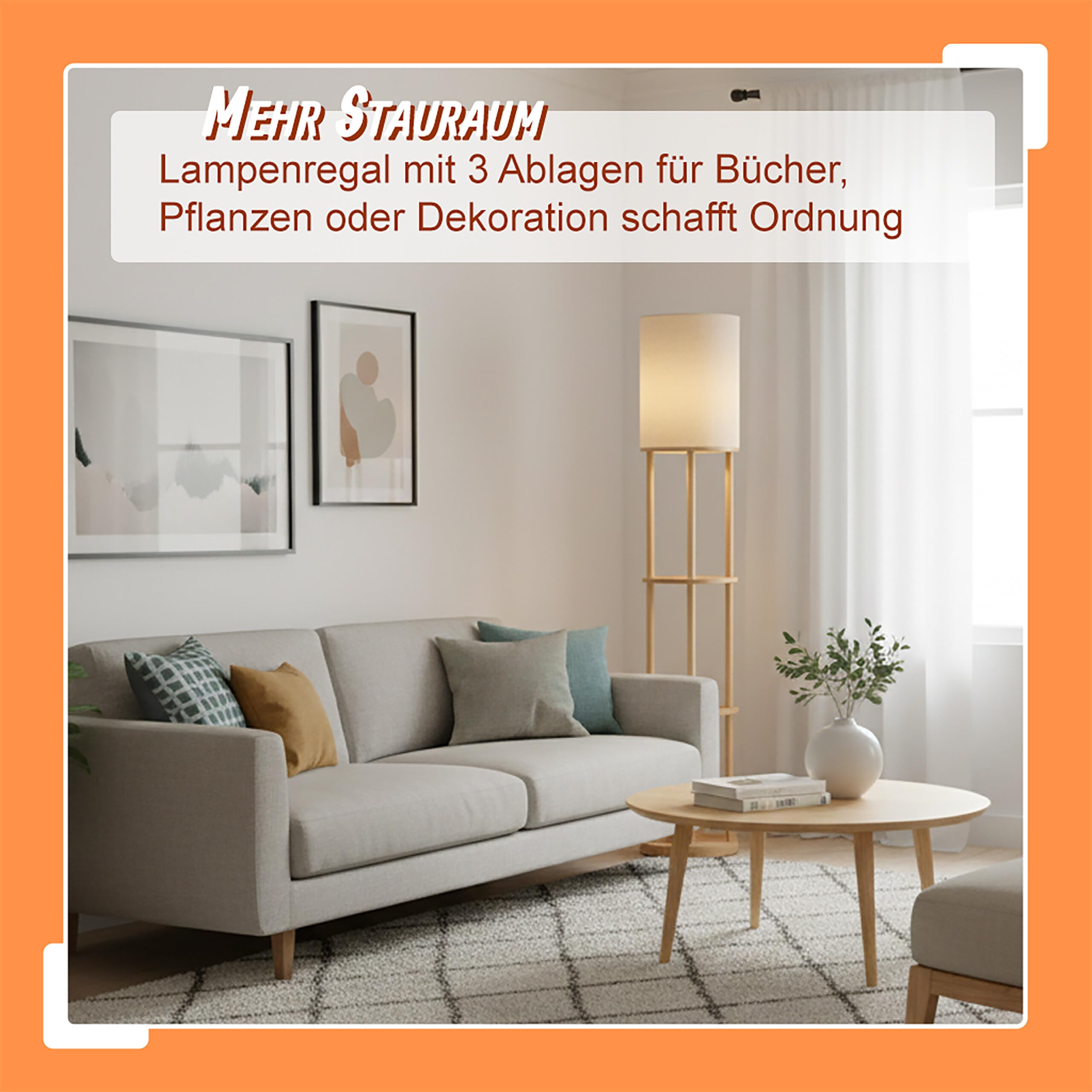 Relaxdays Stehlampe mit Regal, HD: 180 x 30 cm, E27-Fassung, Holz & Leinen, modernes Design, Stehleuchte, Natur-weiß