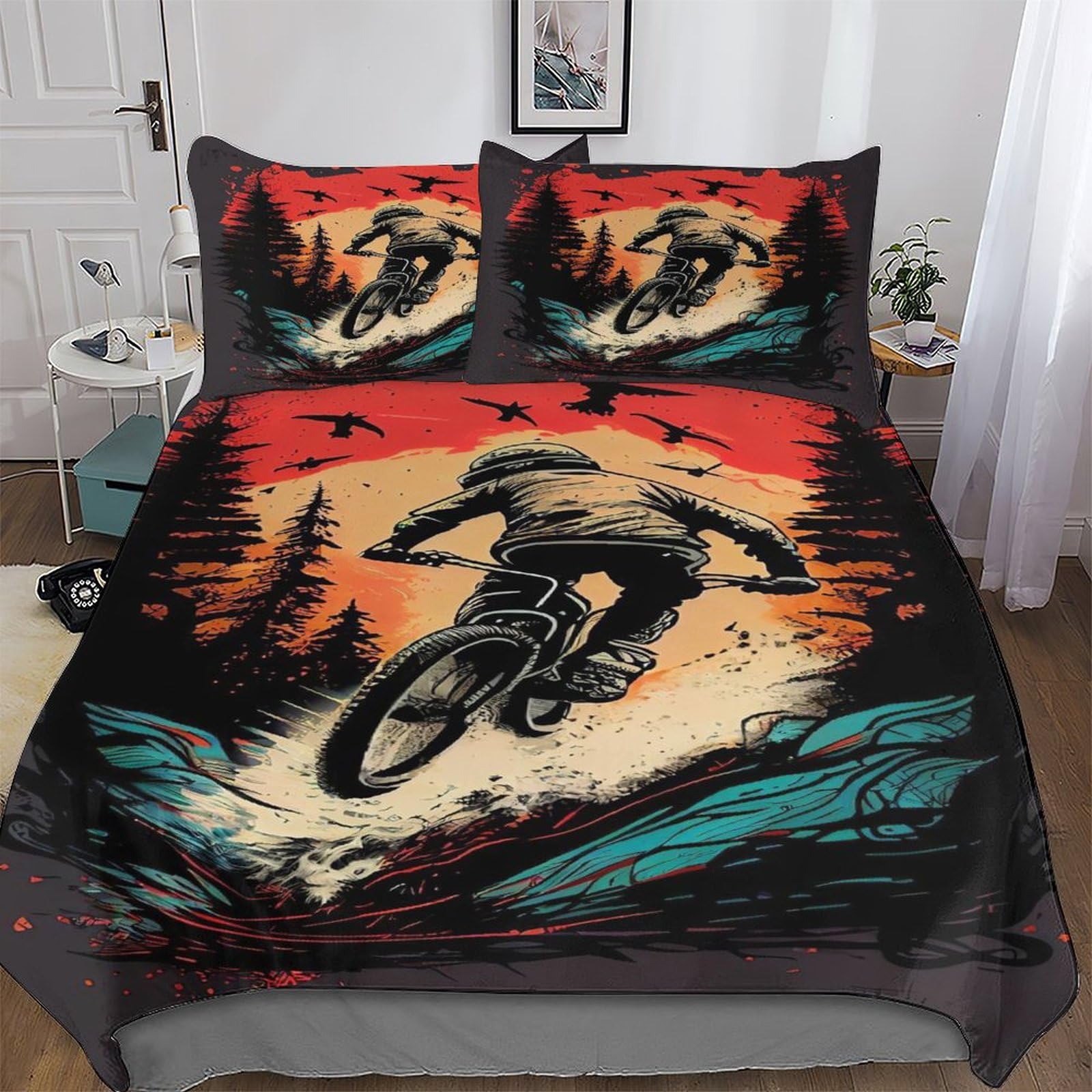 GGJJTT Mountain Bike Duvet Cover Bedding Set Soft Microfiber Quilt Covers 2 PCs with Pillowcase For Boys, Girls Comforter Cover Single135x200cm