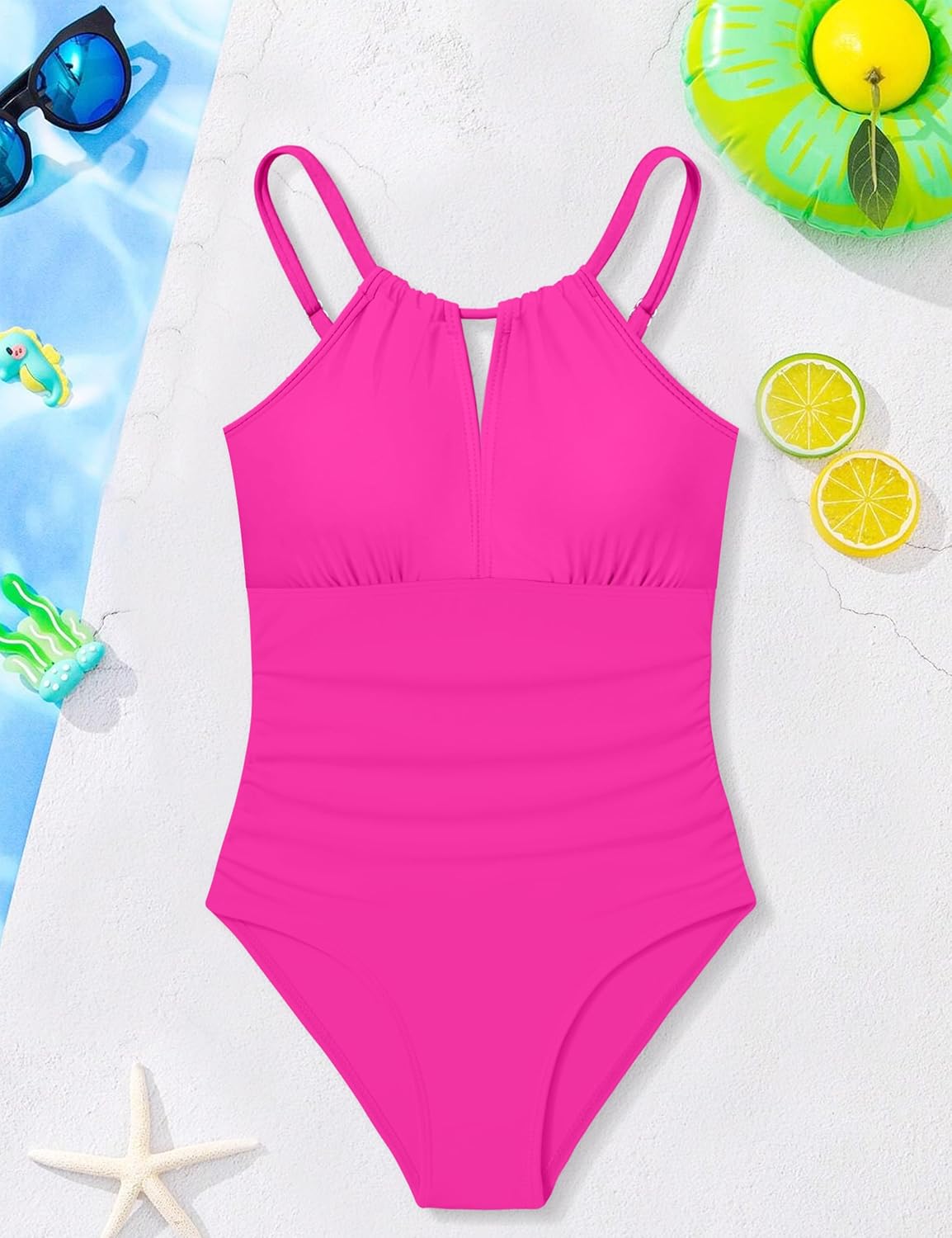 Girls Swimsuit One Piece Girls Bathing Suit Adjustable Straps Solid Modest Ruched Full Coverage Padded Swimwear 9-16y - Image 7