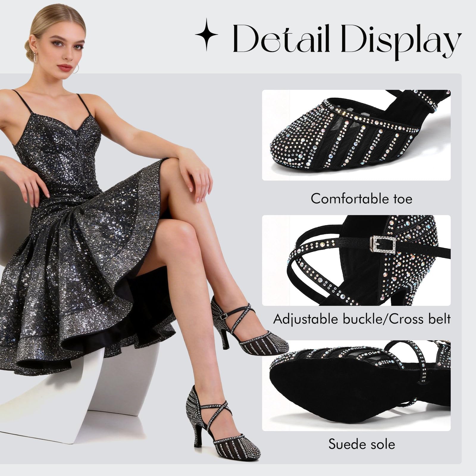 Scarpe da Ballo Donna Latino con Strass Punta Chiusa Salsa Ballroom Bachata Tango Scarpe da Ballo