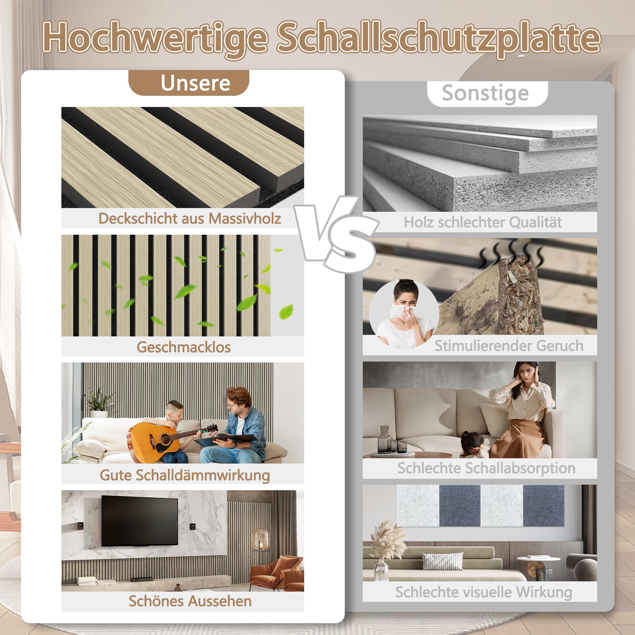 YRHome Akustikpaneele Wandpaneele Lamellenverkleidung Wandverkleidung Akustikelemente Lamellenwand Wand Akustikplatten Akustikfilz Holzoptik (Eiche Weiß, 4er 120x60cm)