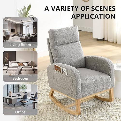 Miniatura 7 de NIOIIKIT Silla mecedora moderna para guardería, silla deslizante tapizada de peluche con respaldo alto y bolsillo lateral, cómodo sillón decorativo