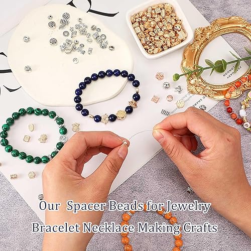 Miniatura 5 de UPINS 300 cuentas espaciadoras plateadas y doradas para suministros de fabricación de joyas, pulseras, collares, manualidades, cuentas plateadas,