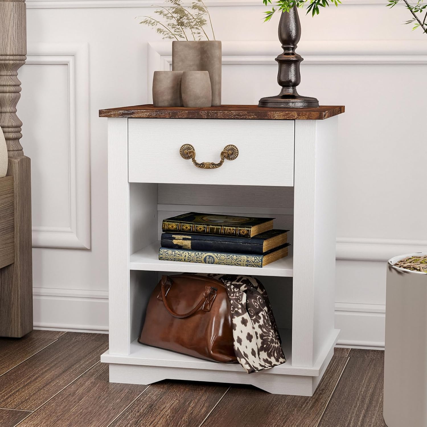 19" Farmhouse Nightstand Wooden Side Bedside Table with Drawer, Open Compartment, End Table with Optional Adjustable Shelf for Bedroom, Rustic White and Brown