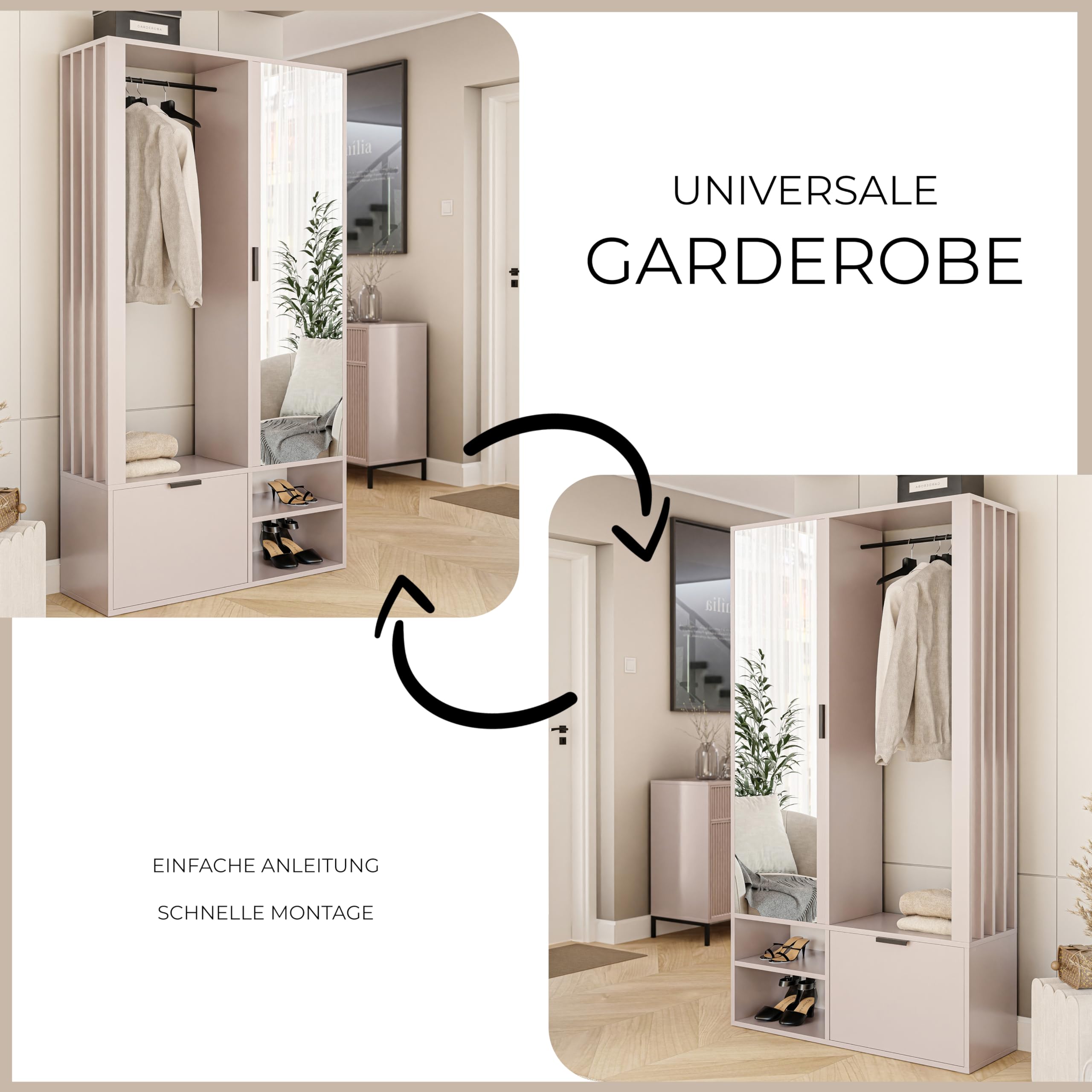 GREKPOL Garderobe Set mit Spiegel 100x33x190 cm Cashmere Garderobenschrank Flur mit Regalböden und Kleiderhaken
