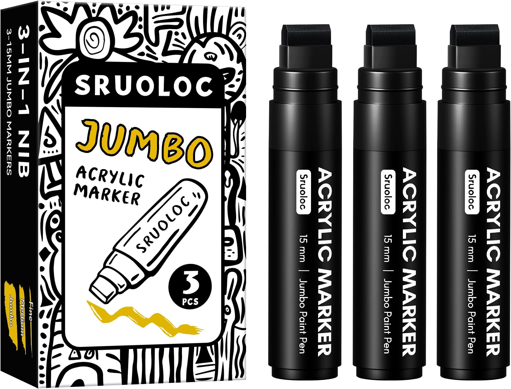 SRUOLOC 3 Jumbo Permanent Markers Black, 15mm Thick Wide Tip, Large Acrylic Paint Markers for Rock Painting, Poster, Stone, Ceramic, Glass, Wood, Canvas