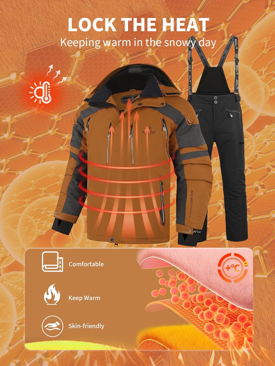 EVIL WOLF Men's Ski Jacket and Pants Set, Waterproof Windproof Snow Suit, Detachable Suspenders, Multiple Colors