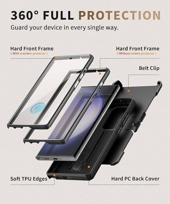 Tongate Samsung Galaxy S23 Ultra Case, Sliding Camera Cover & Built-in Screen Protector Two Front Frames Military Grade Shock Absorbing S23 Ultra Case with Kickstand & Belt Clip, 6.8, Black