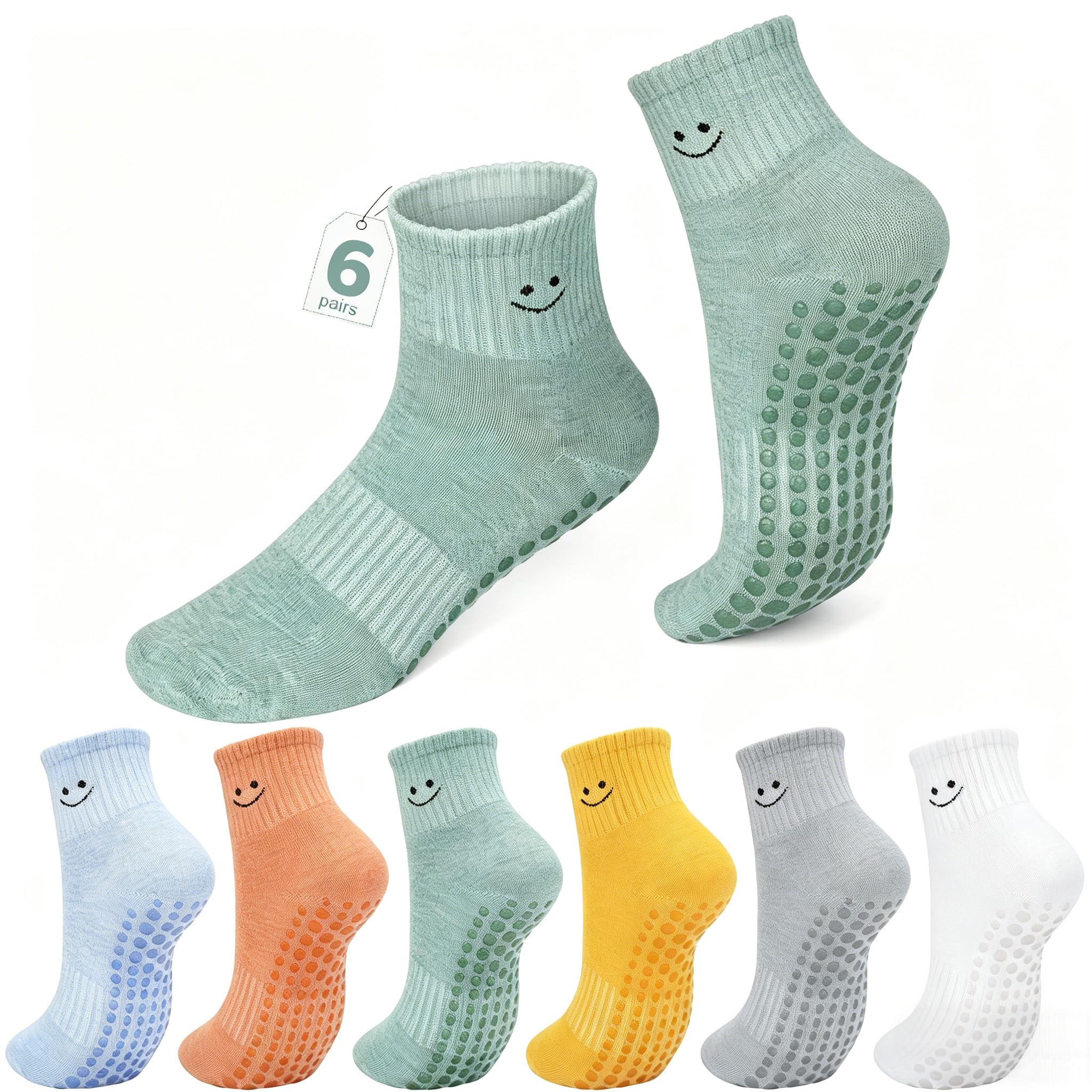 Aurmly 6 Paar Pilates Yoga Socken Damen Slipper Socken Stoppersocken, Slippers Baumwolle Weiche Sneakersocken süße Smiley-Socken, Damensocken für Ballett, Workout, Fitness, Laufen EU 36-41