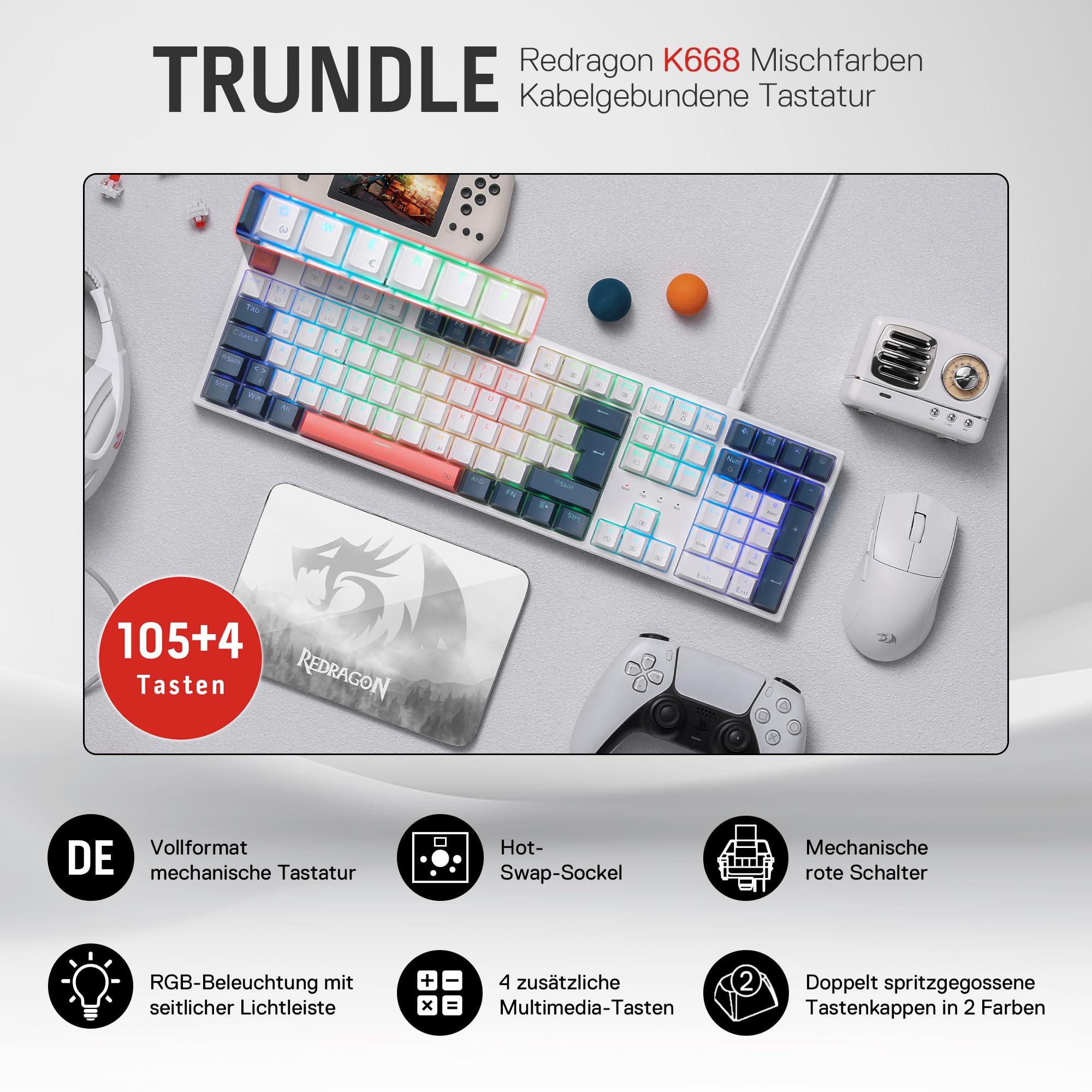 Redragon K668 QWERTZ Layout Wired Gaming Keyboard, 105+4 Keys Keyboard, Hot-Swap Socket, Quiet Red Switches, Mixed Colour Keycaps, RGB Backlight, Multimedia Shortcuts - 3