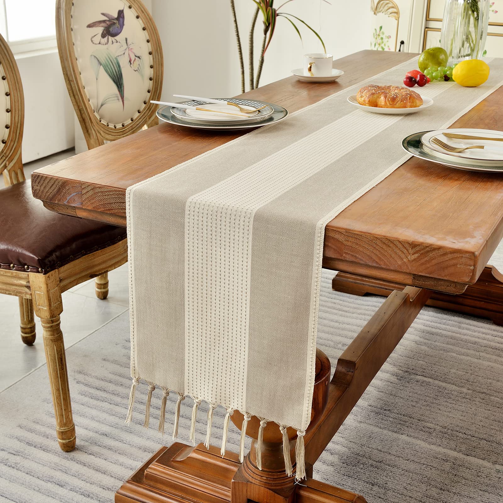 Wracra Runner da tavolo Macramè in lino e cotone, Runner da tavolo Caffè 275cm di lunghezza con nappe a mano, Runner da tavola in stile rustico per feste e uso quotidiano (Caffè Chiaro, 275cm)