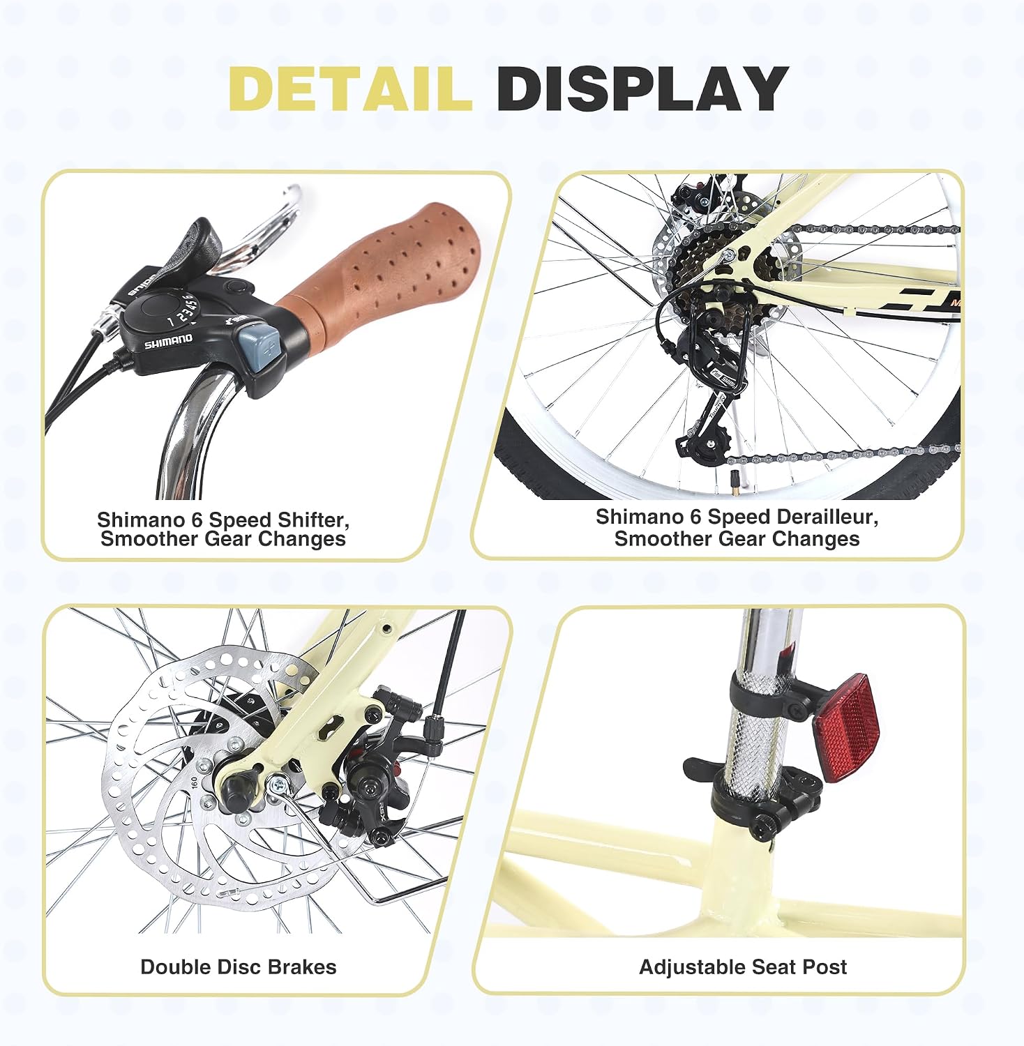 6 Speed Commuter Bike for Adults, 24 Inch Steel Frame City Bicycle with Double Disc Brakes, Comfort Saddle for Outdoor Riding,Yellow