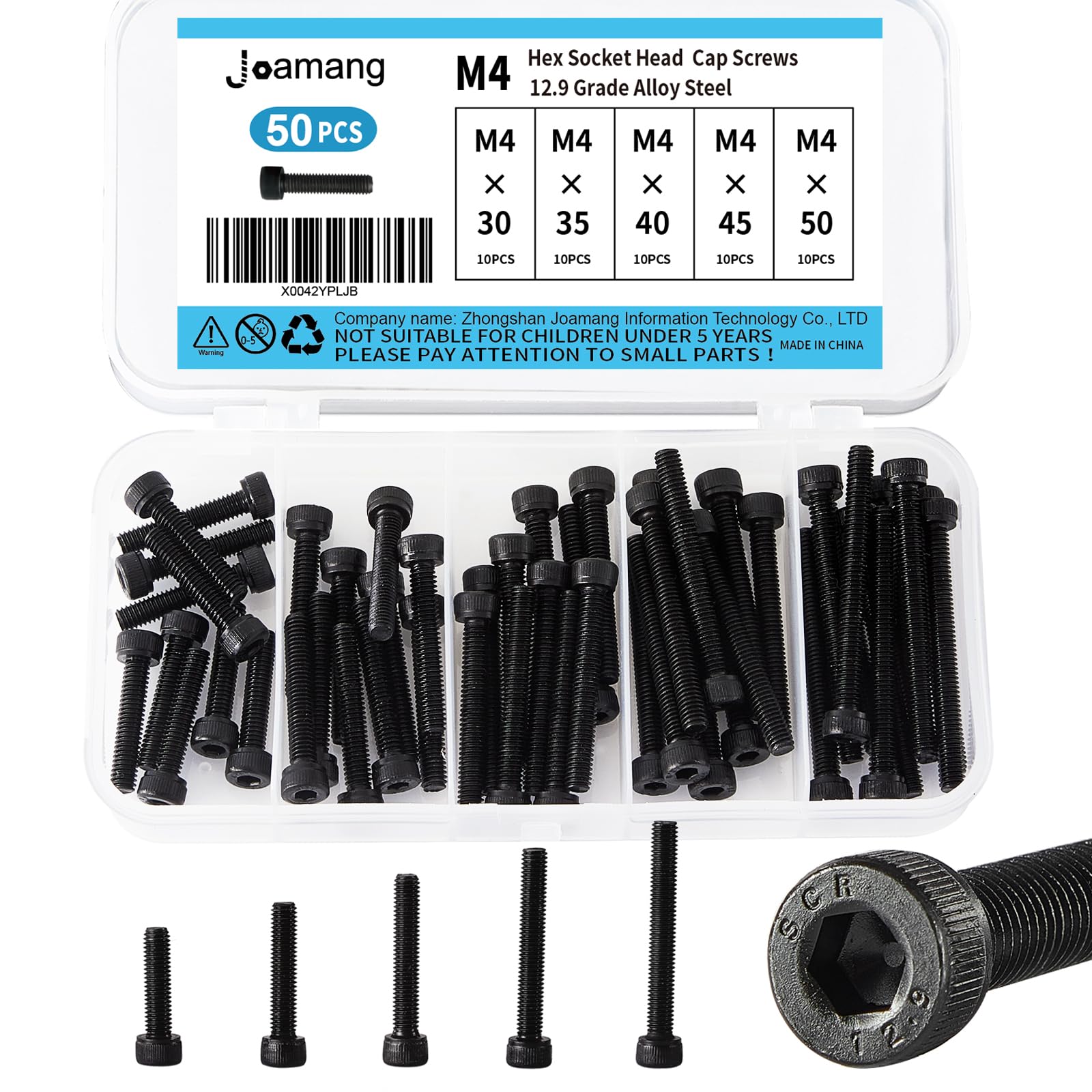 Joamang M4 x 30mm 35mm 40mm 45mm 50mm Hex Socket Head Cap Screws Bolts, 12.9 Grade Alloy Steel, Black Oxide Finish, Metric Allen Drive, Fully Threaded