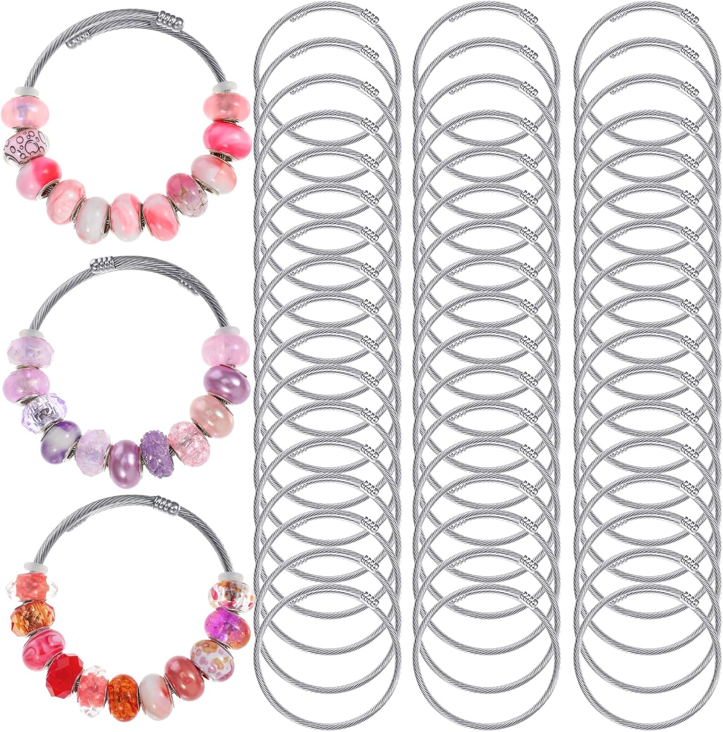 60pcs Elastic Charm Bracelet Chain Stainless Steel Cable Wire Twisted Cuff Bangle Bracelet Snake Charm Bracelets Expandable Silver Snake Bracelets for Crafts DIY Women Jewelry Making Supplies Gifts