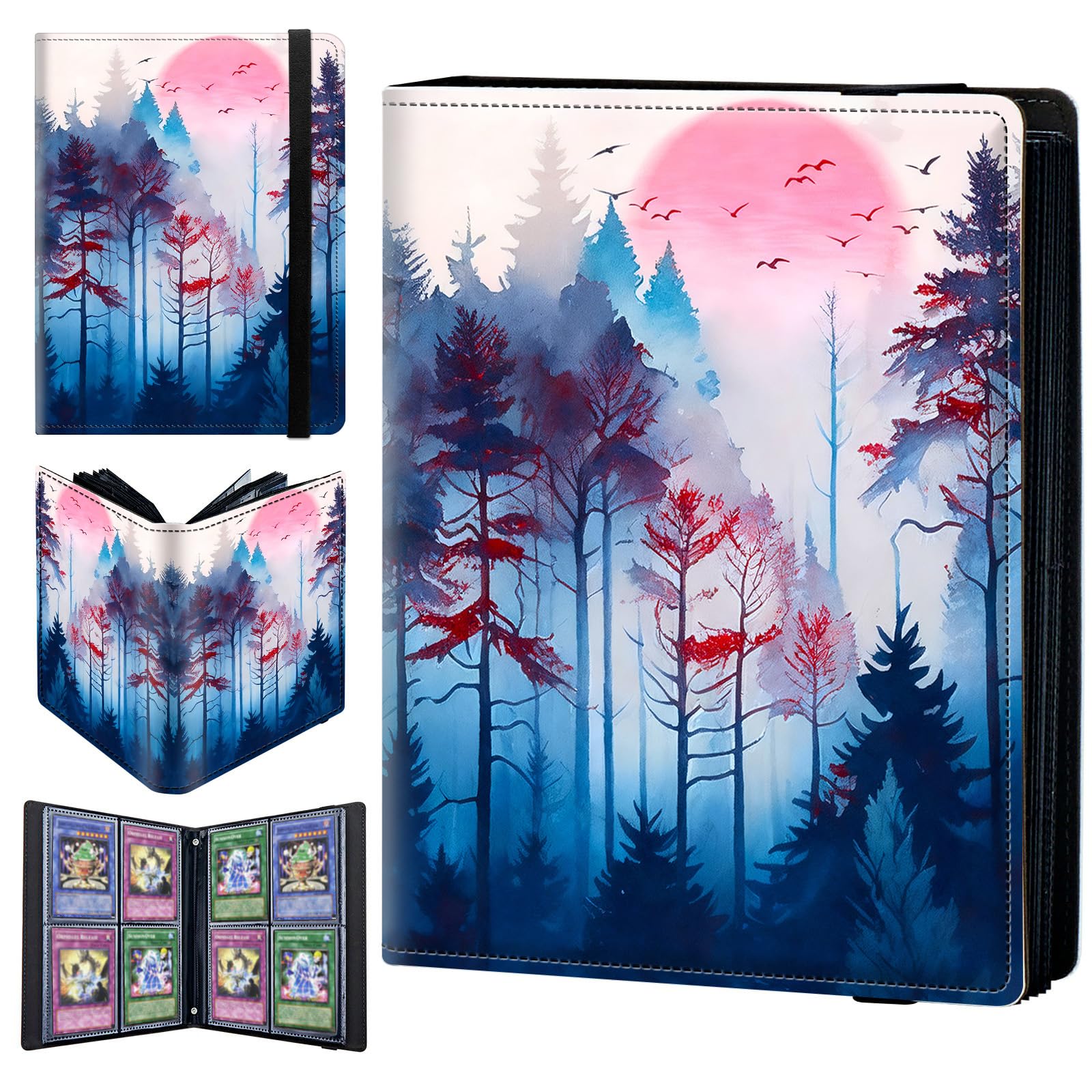 4 Pocket Trading Card Binder 320 Side Loading Pocket Album with Blue Watercolor Forest Tree Pattern Design Card Binder for Sports Cards & Game Cards