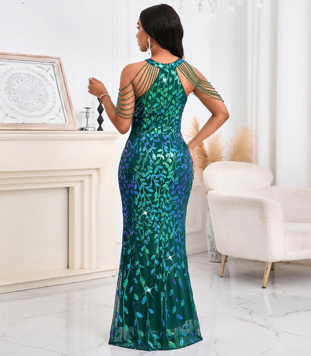 Cololura Women Sexy Elegant Sequin Tassel Off Shoulder Halter Bodycon Maxi Dress Party Evening Gown Formal Dress