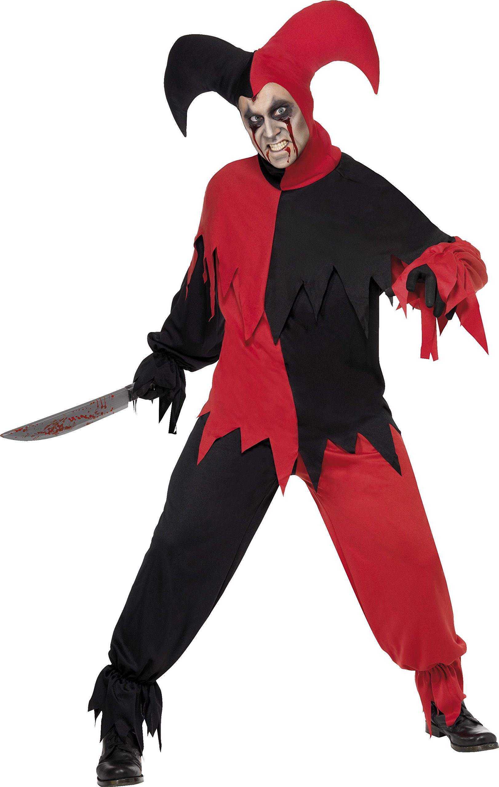 Smiffys Dark Jester Costume, Red & Black with Top, Trousers & Hat, Halloween Cirque Sinister Fancy Dress, Halloween Dress Up Costumes