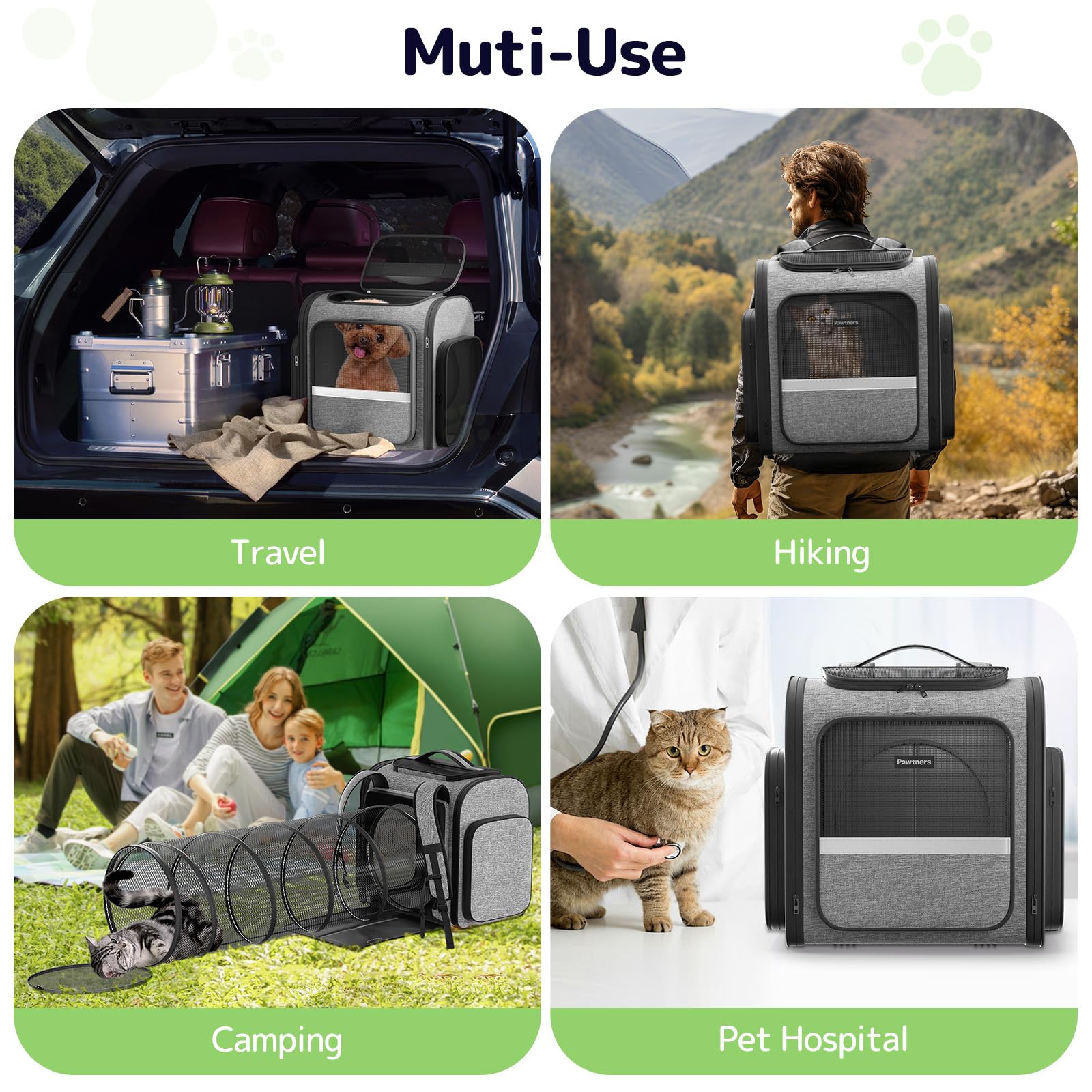 Pawtners Sac à Dos de Transport pour Chat avec Tunnel de Jeu Extensible, approuvé par Les compagnies aériennes, pour Petits Chiens et Grands Chats jusqu'à 11,3 kg, Sac de Transport Pliable pour