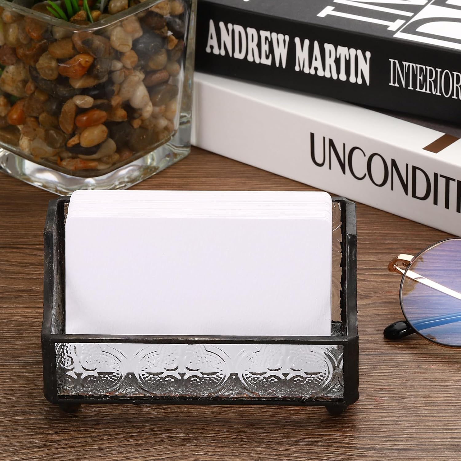 PATIKIL Business Card Holder for Desk, 2 Pack Mosaic Glass Business Card Holders Name Card Stand Organizer Cards Display for Office Exhibition, Clear