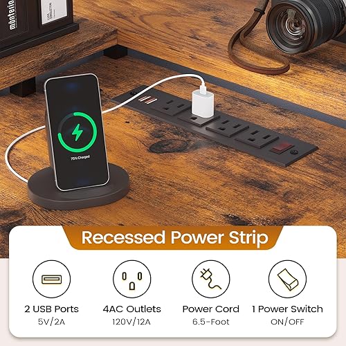 Miniatura 6 de SEDETA Escritorio en forma de L con 6 cajones, escritorio de oficina en casa de 108 pulgadas con cajón de archivos y toma de corriente, escritorio