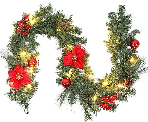 Adeeing Guirnalda de Navidad preiluminada con 20 luces LED, flores de Pascua rojas, bayas y piñas de pino - Guirnalda iluminada de 6 pies para manto