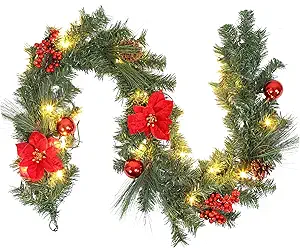 6 FT Pre-Lit Christmas Garland for Front Door, Battery Operated Xmas Garland with 20 LED Lights Red Flower Pinecones Ball Ornaments for Fireplace Mantel Porch Christmas Indoor Outdoor Decor