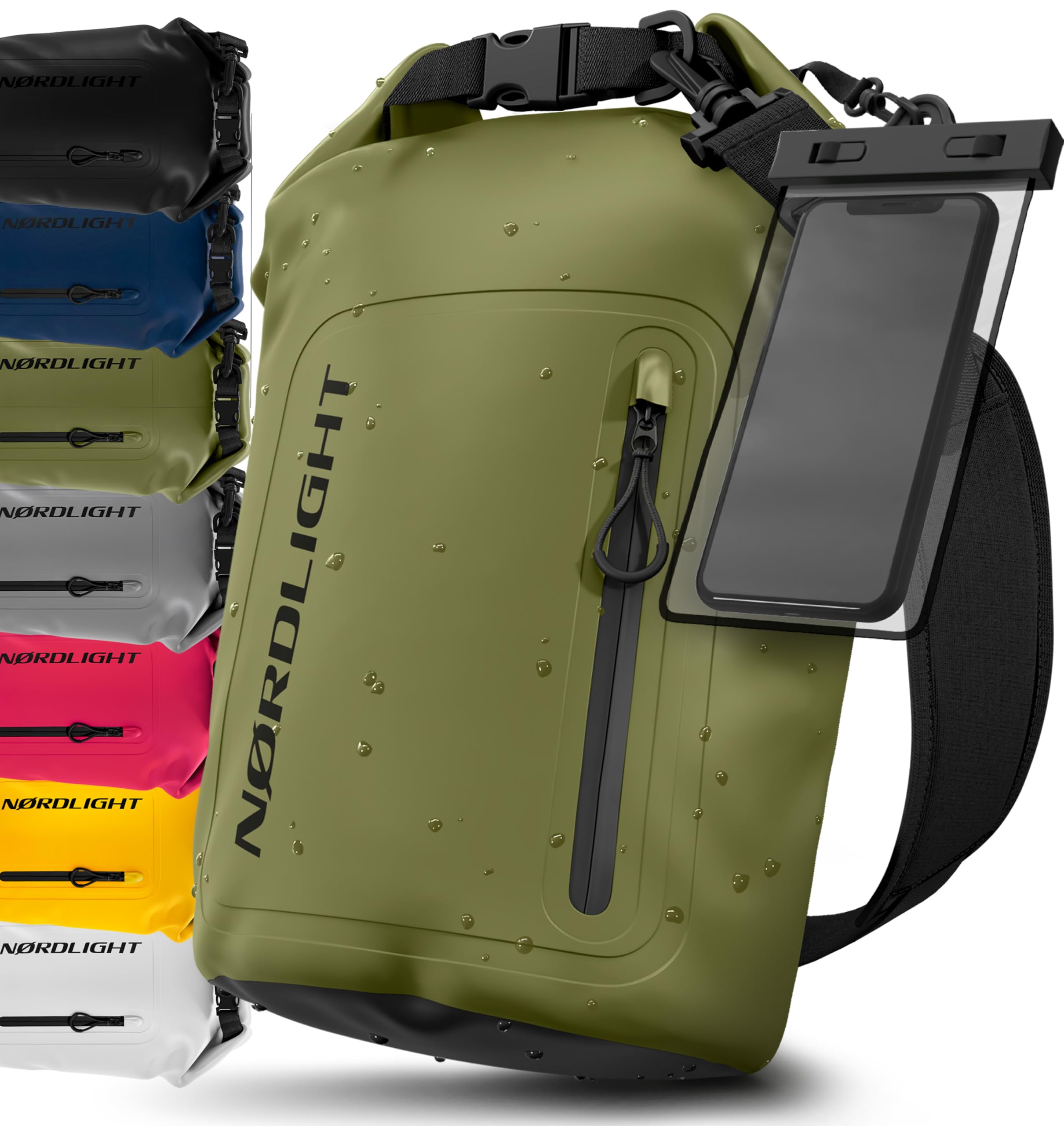 Nordlight Dry Bag wasserdichte Tasche mit Handyhülle + Roll-Top, Schultergurt | Drybag wasserfester Rucksack Beutel Packsack Seesack Wassersack Wetbag | Baden Schwimmen Strand SUP – Olivgrün, 20 Liter