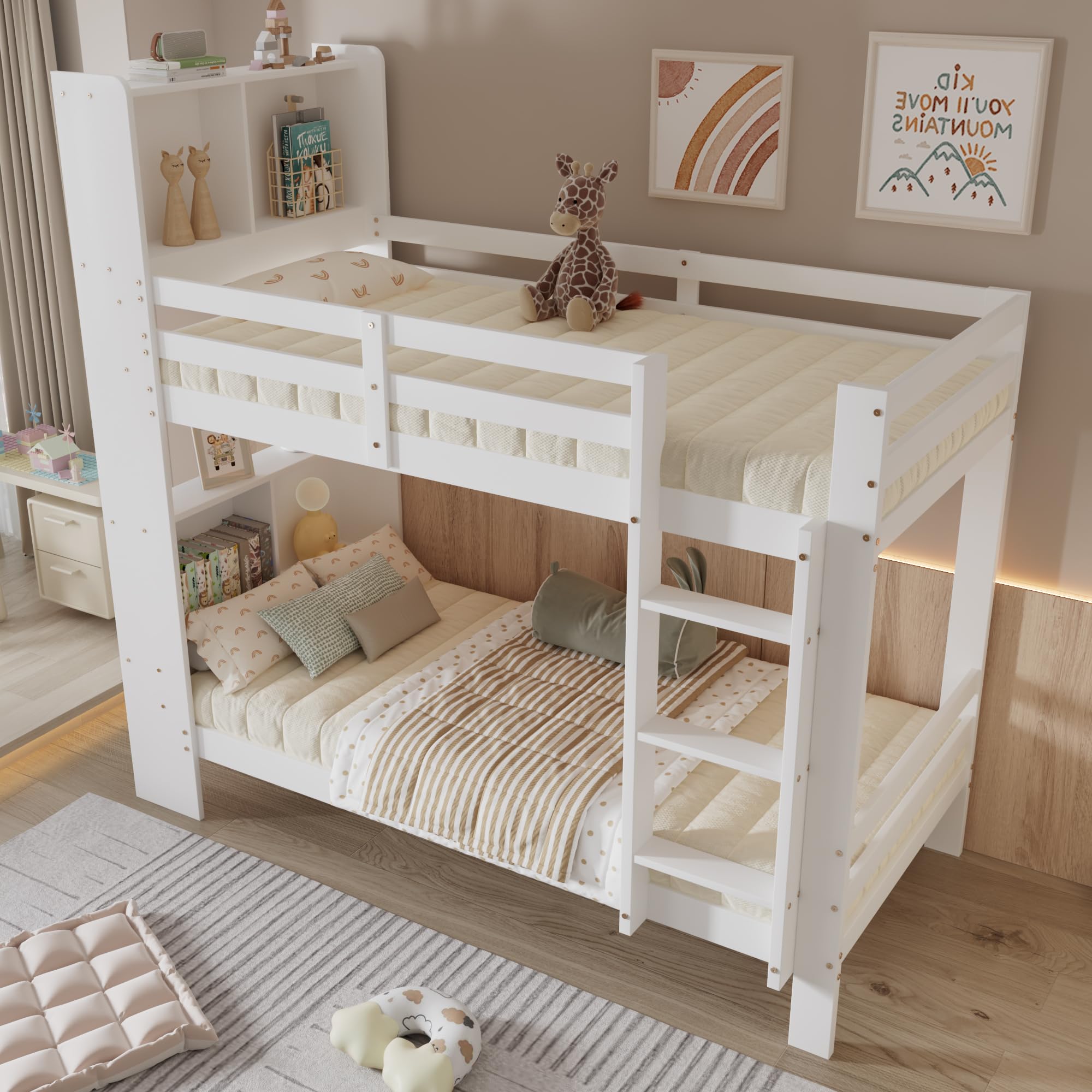 Oyemige Letto a Castello, Letto per Bambini con Contenitore, Letto Matrimoniale con Ripiano e Scala Ad Angolo Retto a Tre Gradini, 90x200 cm Letto In Legno, Rete A Doghe, Bianco, Senza Materasso