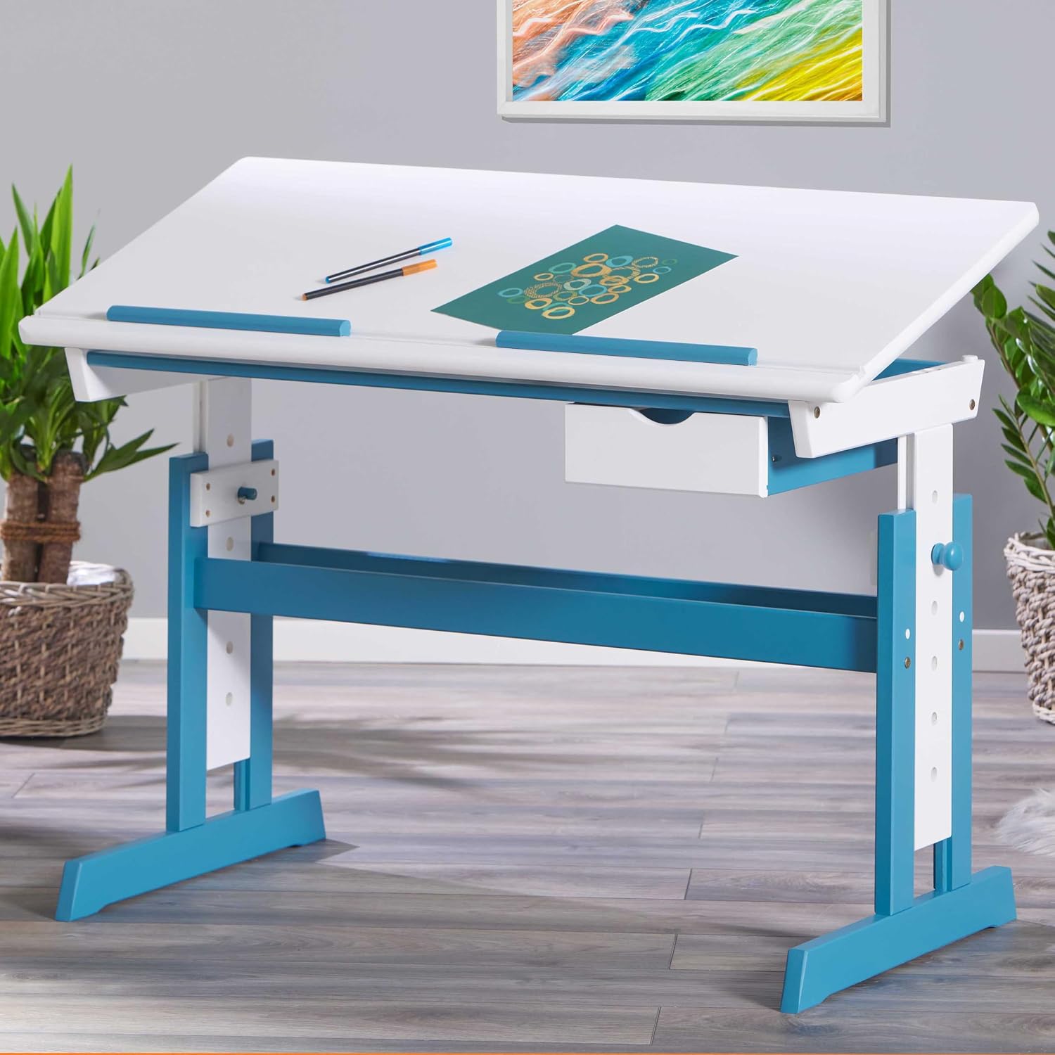 Inter Link Height Adjustable Desk - Children's Desk - Student Desk - Tilt Adjustment - Book Holder - Solid Wood Painted White - Petrol Appliques - Petrol / White