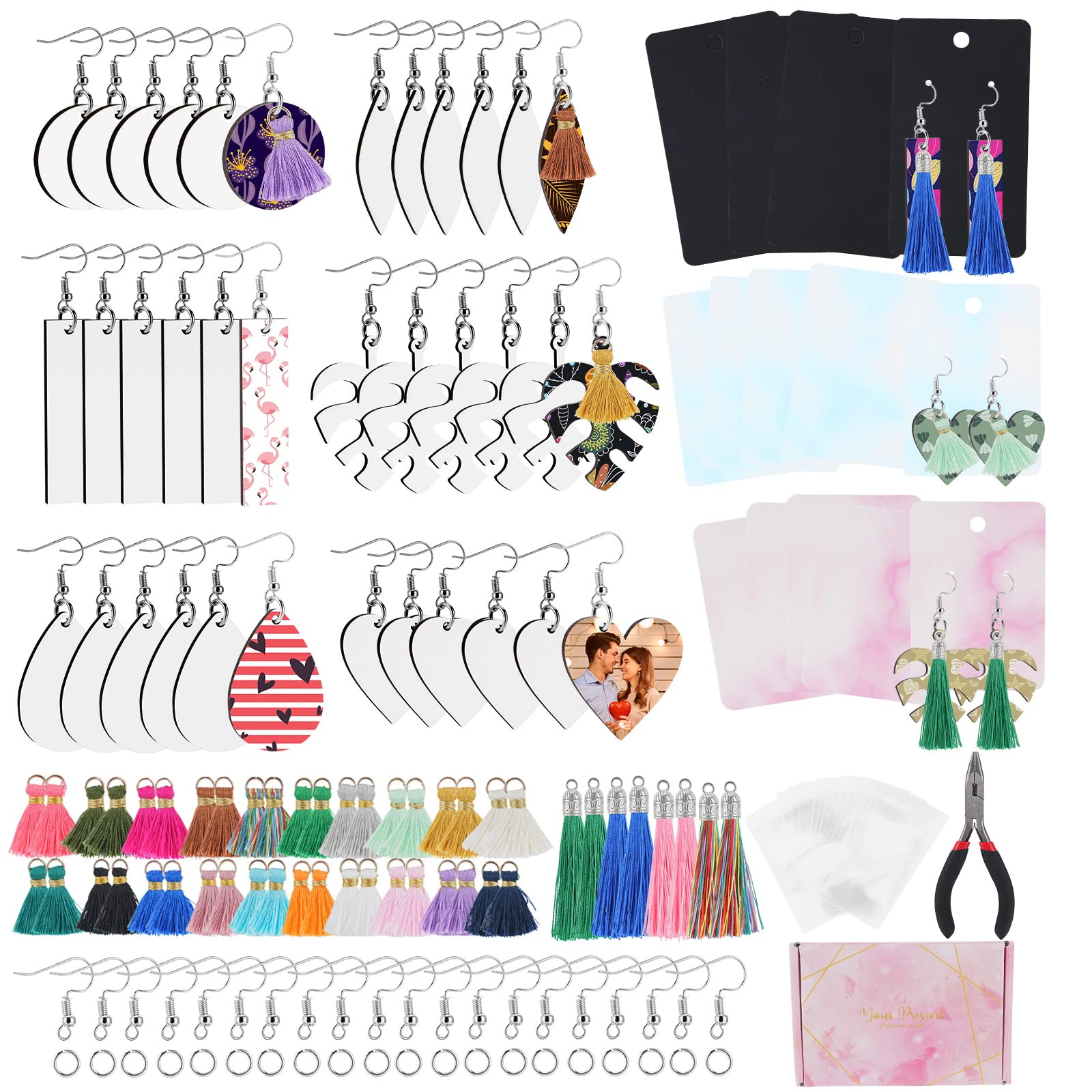 KKUYT 297 Pieces Sublimation Blank Earrings - 6 Styles, 48 Pcs Sublimation Earring Blanks with Earring Hooks, Jump Rings, Tassels, Heat Transfer MDF Sublimation Earrings for Women/Girls - DIY Earring Project