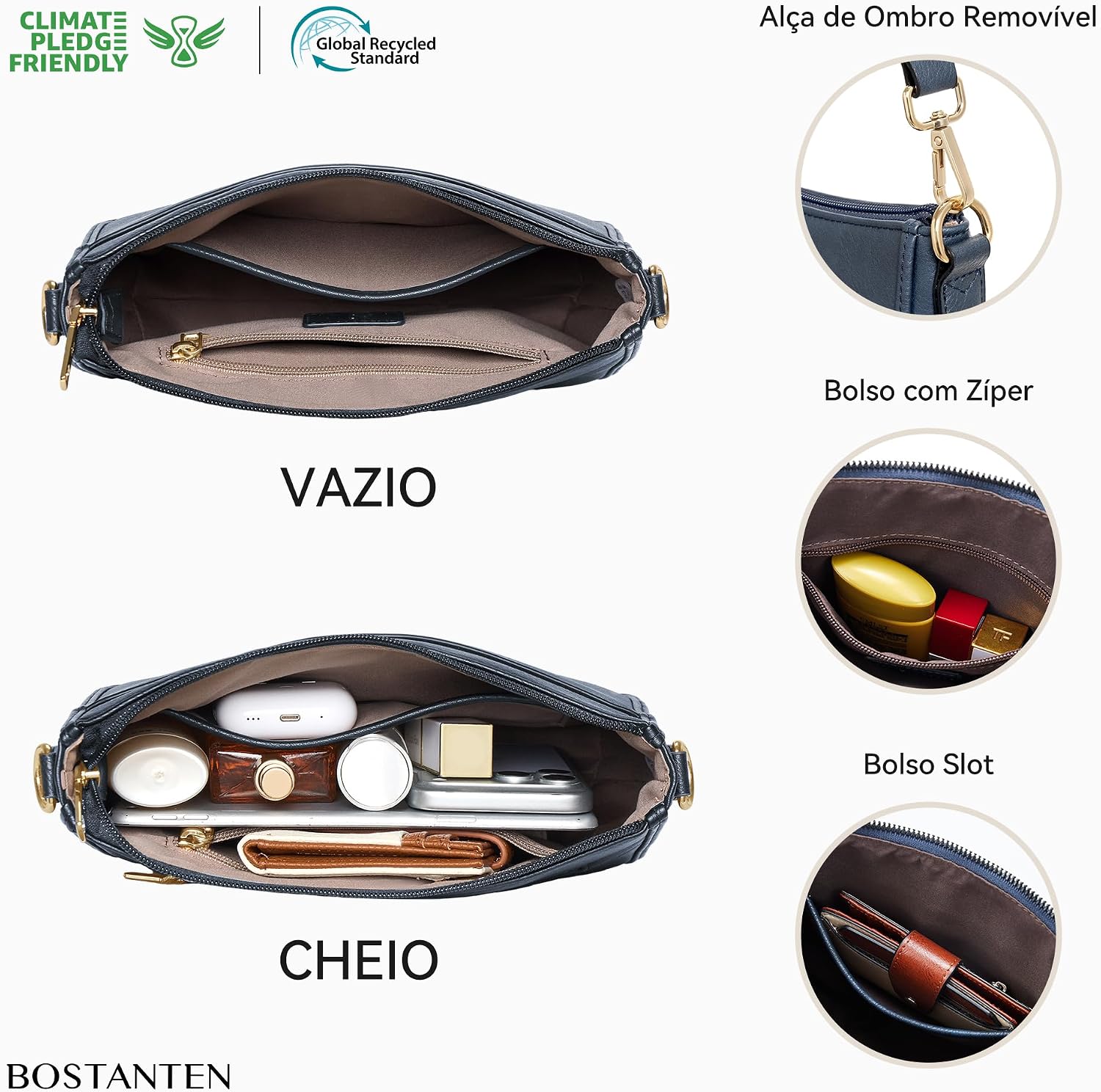 BOSTANTEN Bolsa tiracolo feminina pequena de couro com alça de ombro moderna e zíper triplo BOSTANTEN Bolsa tiracolo feminina pequena de couro com alça de ombro moderna e zíper triplo