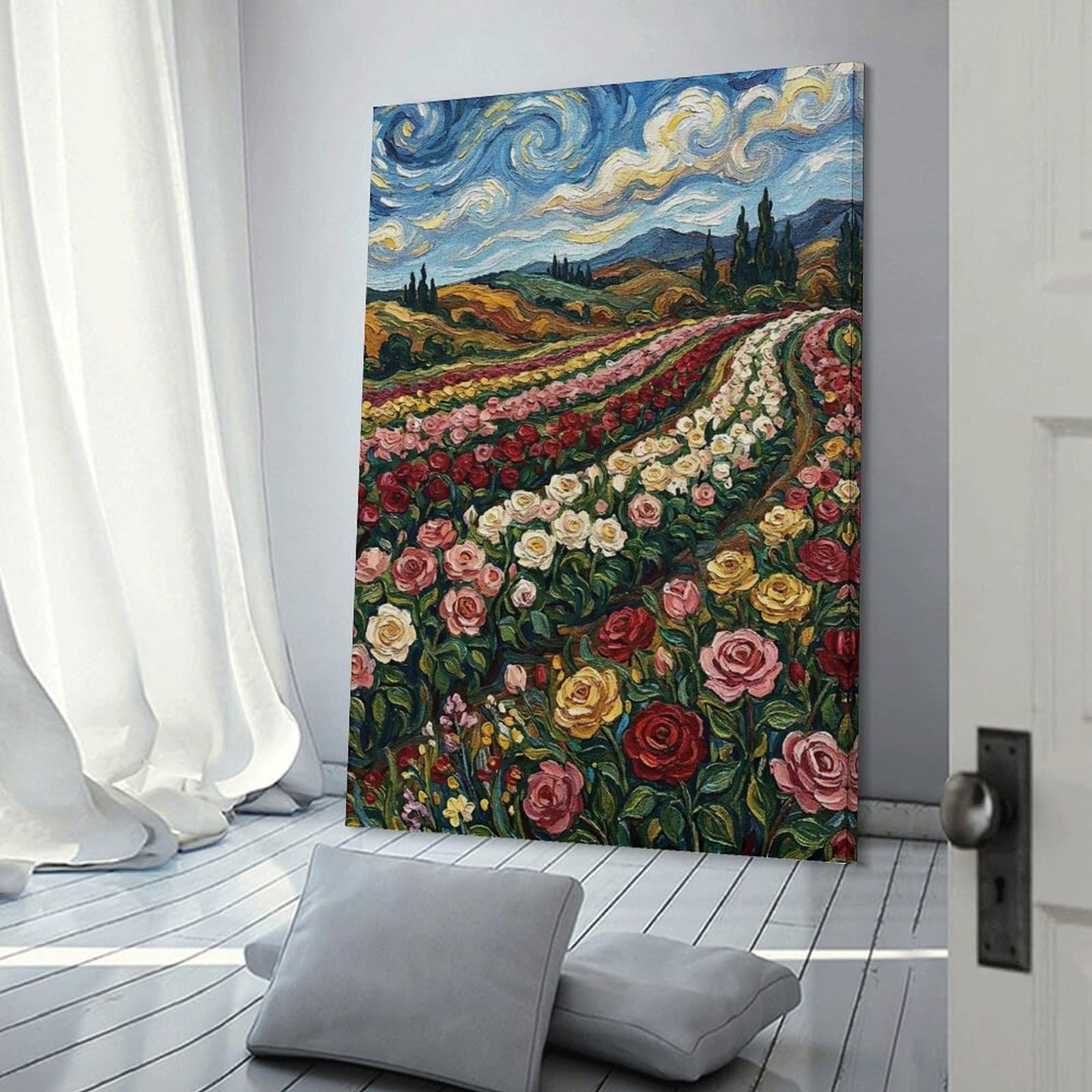 Junmoney Rose Field Painting in Van Gogh Style Canvas Art Print, 20x30inch(50x75cm), for Restful Interiors, Bedrooms Or Small Rooms, A Warm Accent for Relaxed Interiors