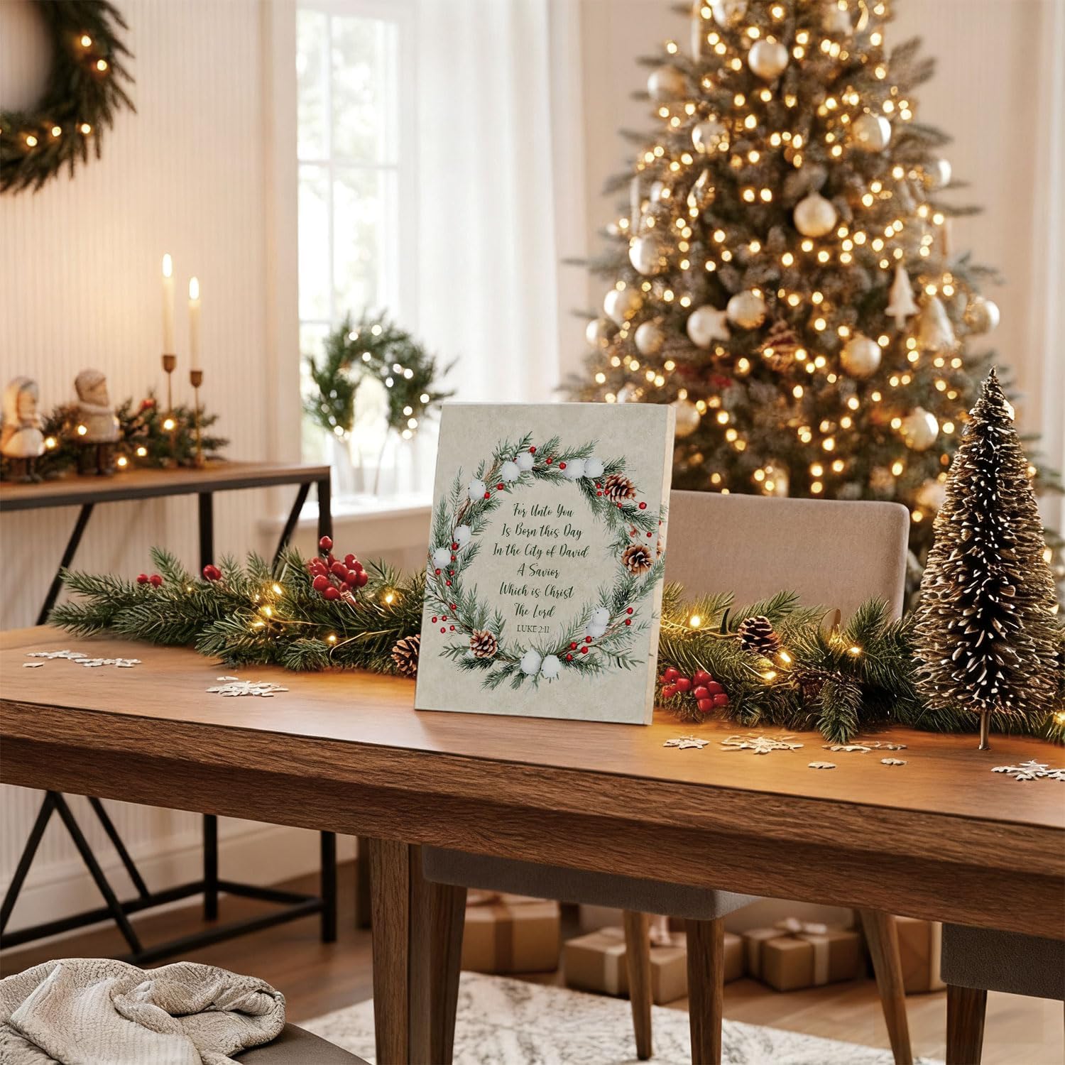 ChissNook Christmas Christian Canvas Wall Art, Framed Bible Verse Luke 2:11 Christian Decor, Religious Scripture Wall Art Canvas for Living Room, Christmas Wreath Home Decor, 12x16 Inches