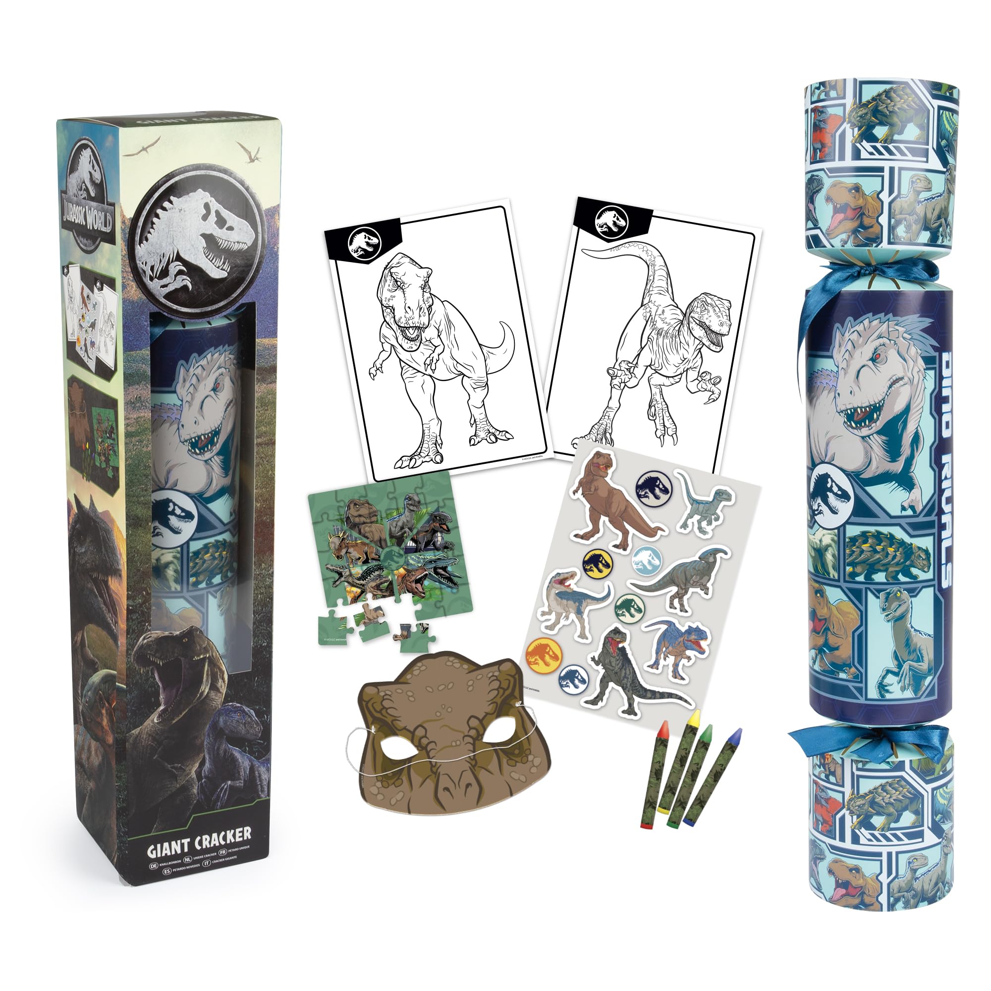 abeec Jurassic World Giant Christmas Cracker - 48cm Cracker with Stickers, Crayons, Colouring Sheets, and Puzzle – Perfect for Boys and Girls