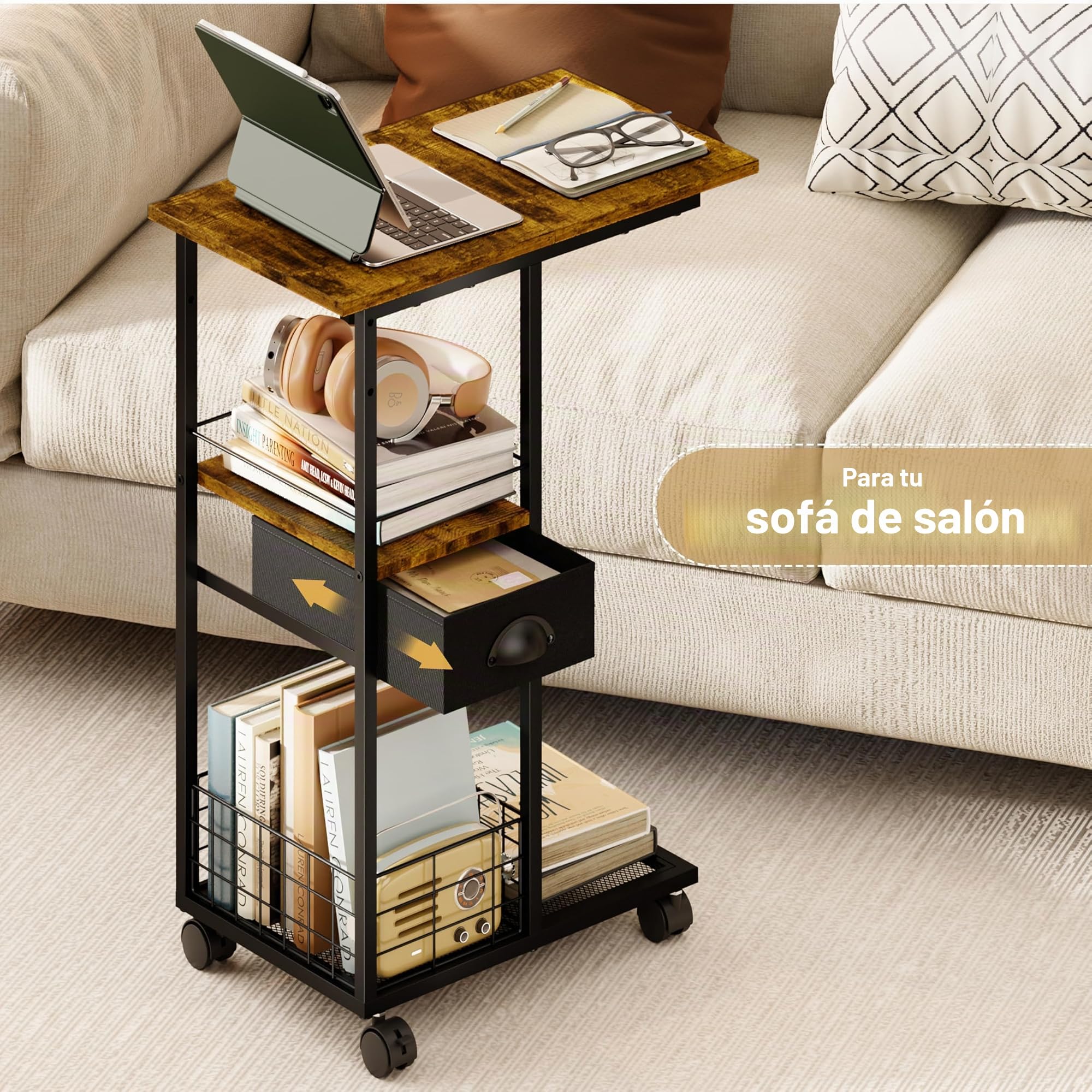 Sonyabecca Mesa Auxiliar en C con Ruedas, mesita de Noche con cajón para Cama o sofá, Mesa de Centro con Estructura de Metal, Mesa para salón, Dormitorio u Oficina en casa
