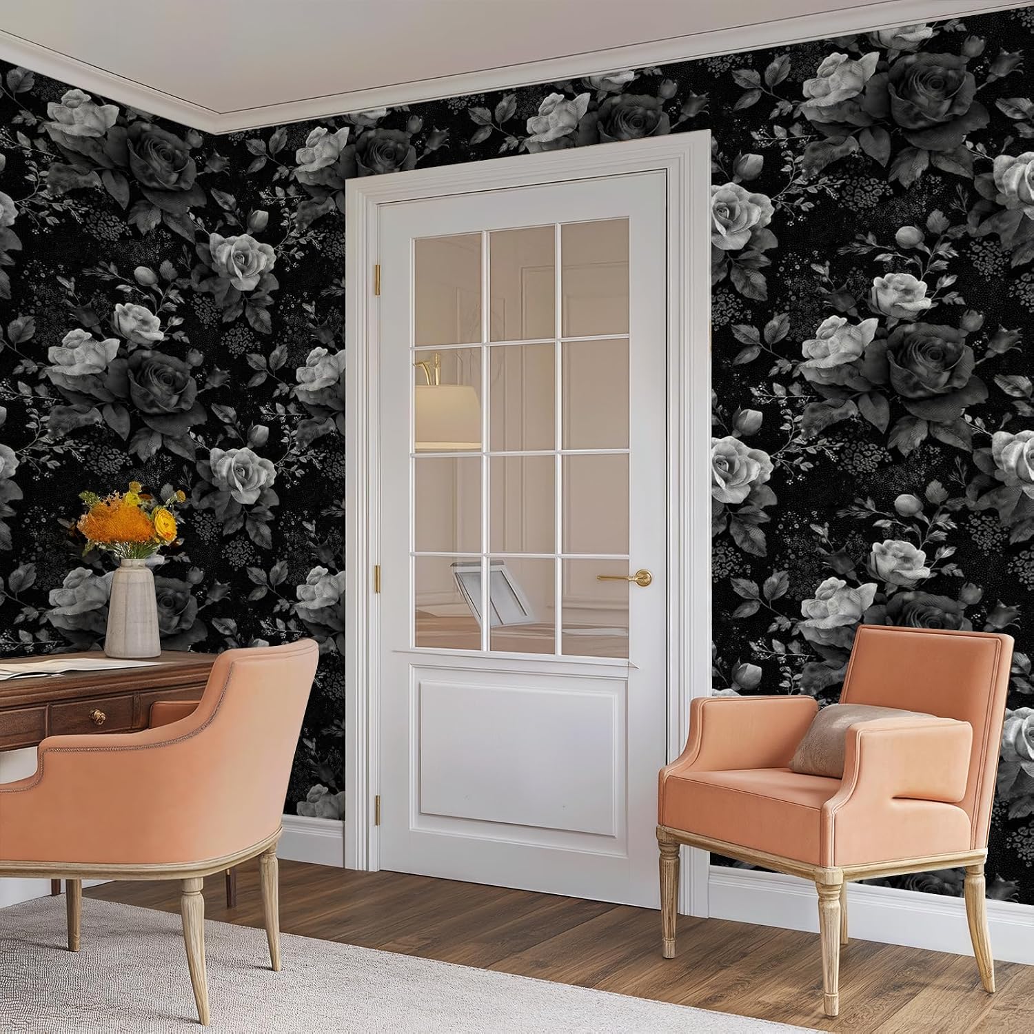 Gothic Vintage Botanical Leaf Floral Wallpaper Peel and Stick Removable 17.7" x 118.11" Black & White Line-Art Rose Wall Paper Self Adhesive for Classroom Bedroom Laundry Room Bathroom