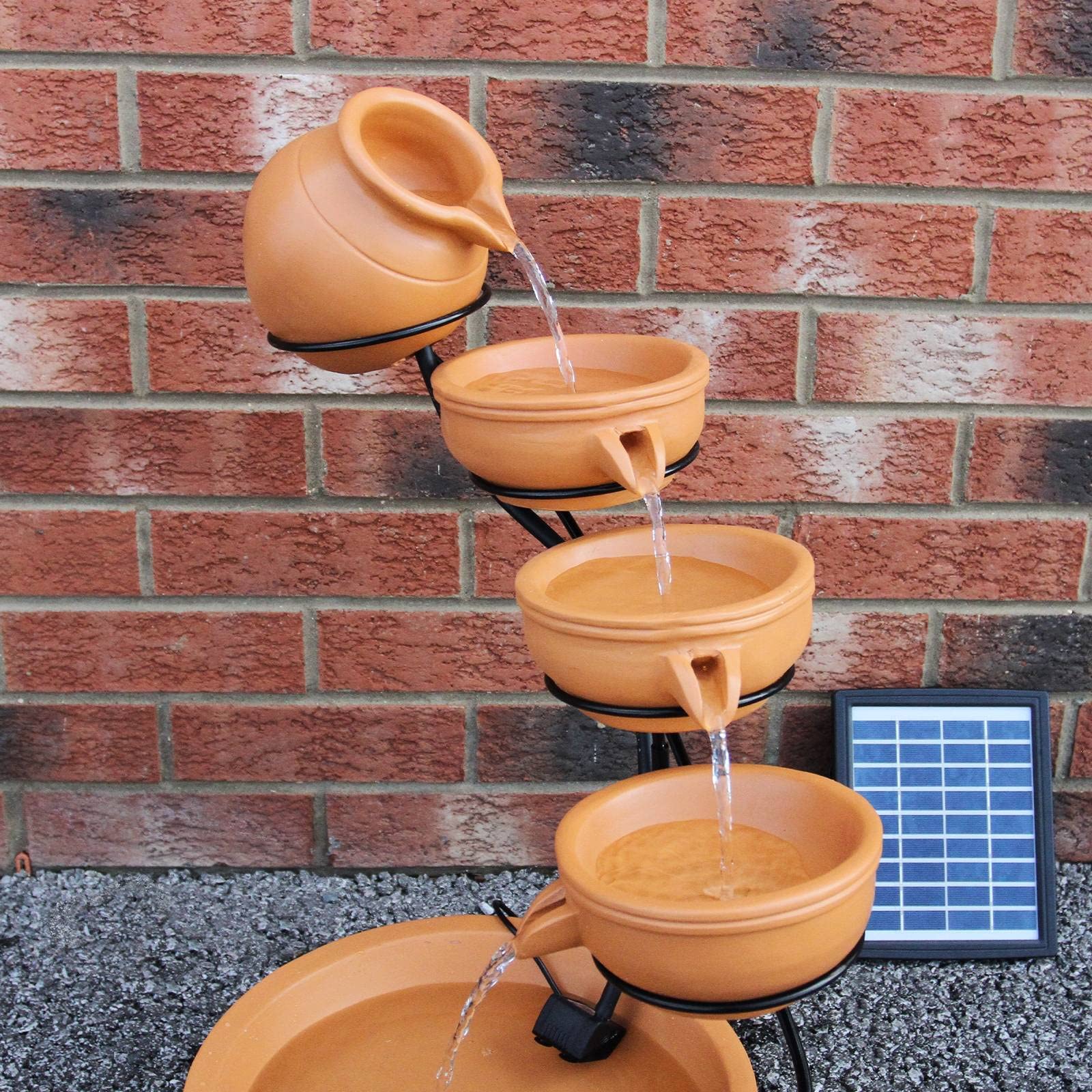 Fontaine Solaire en Cascade de jardin extérieure Terracotta - 4 Niveaux - Décoration Extérieure Jardin Terrasse Abreuvoir - Batterie de 6H Sans Soleil [Piquet de Terre avec Panneau Solaire INCLUS]