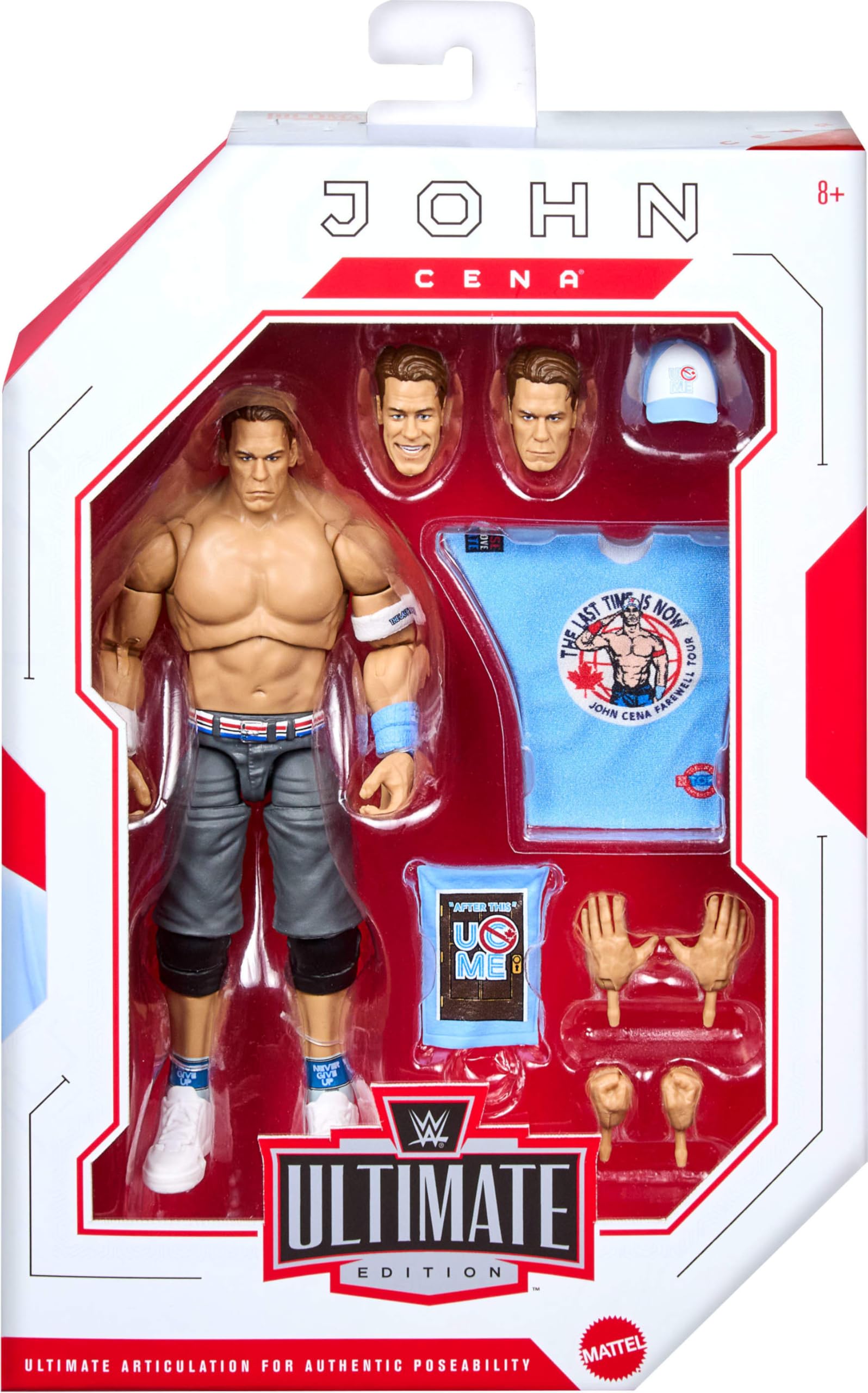 Mattel WWE Ultimate Edition John Cena Figurka i akcesoria Zestaw, figurka (ok. 15 cm w skali), wymienne głowy i dłonie, 30 punktów ruchu, zabawka dla dzieci 8+, fanów i kolekcjonerów, JHV97