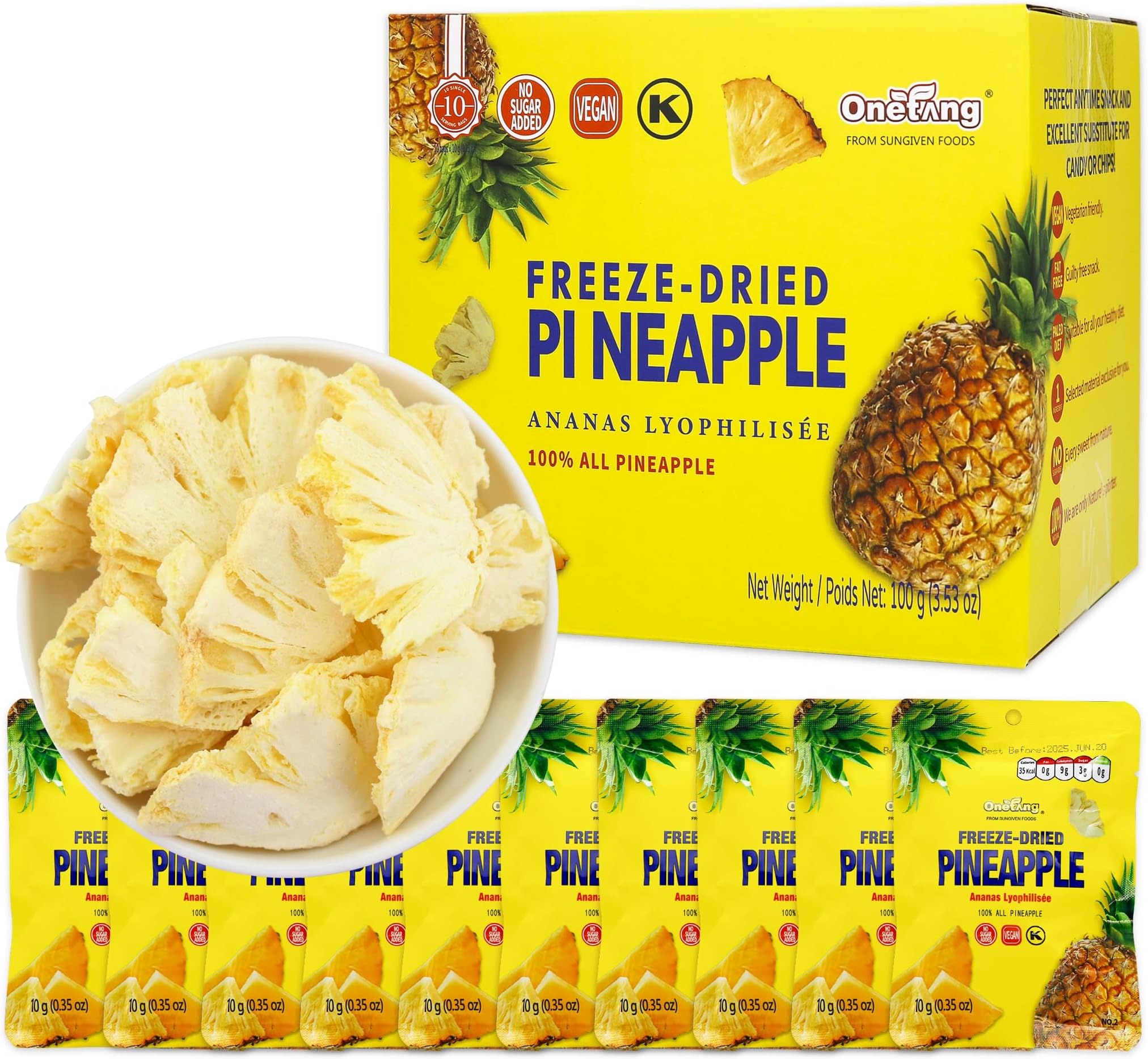 ONETANGFreeze-Dried Fruit Pineapple Chips, 10 Pack Single-Serve Pack, Non GMO, Kosher, No Add Sugar, Gluten free, Vegan, Holiday Gifts, Healthy Snack 0.35 Ounce