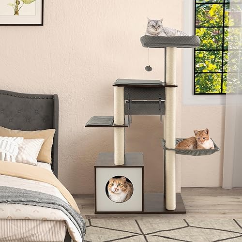 Miniatura 7 de PETSITE Árbol de madera para gatos de 53 pulgadas de alto, torre moderna para gatos con hamaca, postes rascadores de sisal, percha superior, túnel y