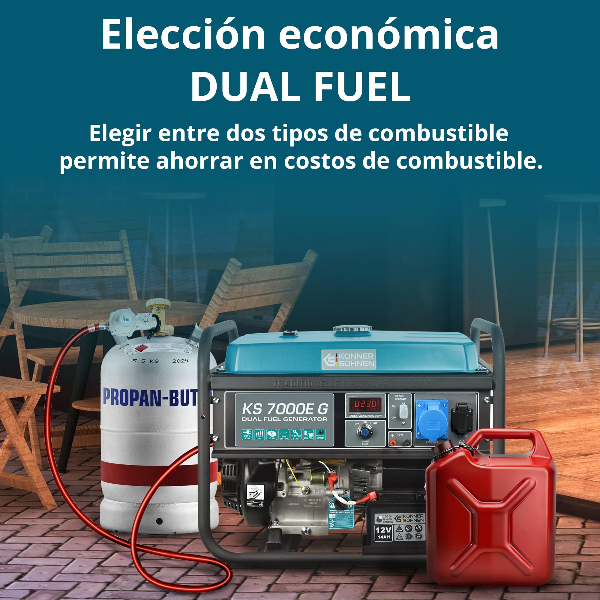 Generador de doble combustible (gasolina y gas) KS 7000E G, generador electrico gasolina5500W,1x16A,1x32 (230V),12V, generador 4 tiempos con (AVR),indicador aceite,protección ante sobrecargas