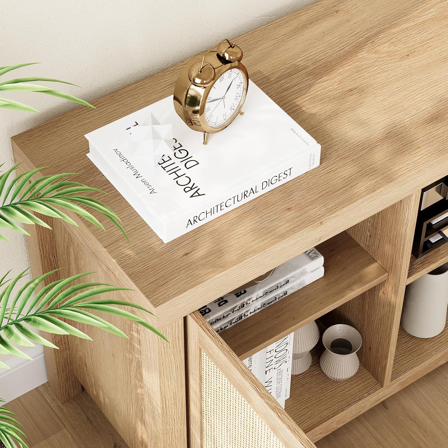 GarveeHome Boho TV Stand for 65 in TV, Rattan Entertainment Center with Storage, Wood TV & Media Console Under TV Cabinet for Living Room Bedroom, Natural Oak - 57 in