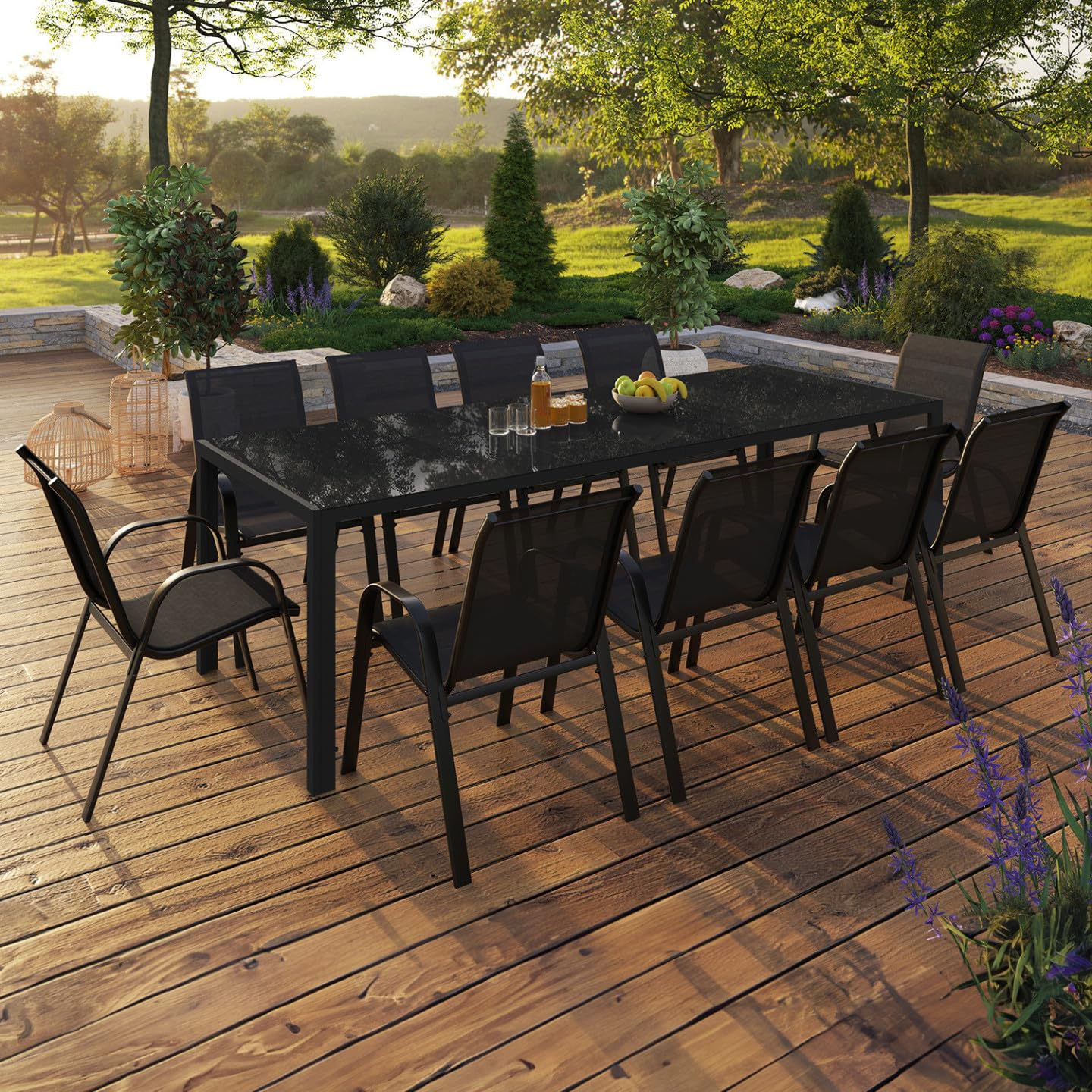 IDMarket - Salon de Jardin Madrid Table 240 CM et 10 chaises empilables Noir