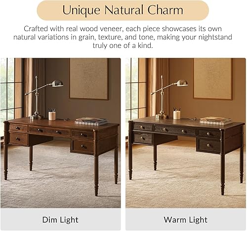 Miniatura 7 de HULALA HOME Escritorio para computadora estriado de 55 pulgadas con estación de carga, escritorio de escritura con 5 cajones, escritorio de madera