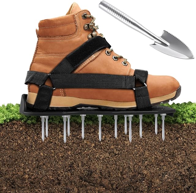 Ohuhu Lawn Aerator Shoes with Stainless Steel Shovel, Free-Installation Aerating Shoes with Hook & Loop Straps, Heavy Duty Spiked Aerating Sandals, One-Size-Fits-All for Yard Patio Garden Grass Lawn