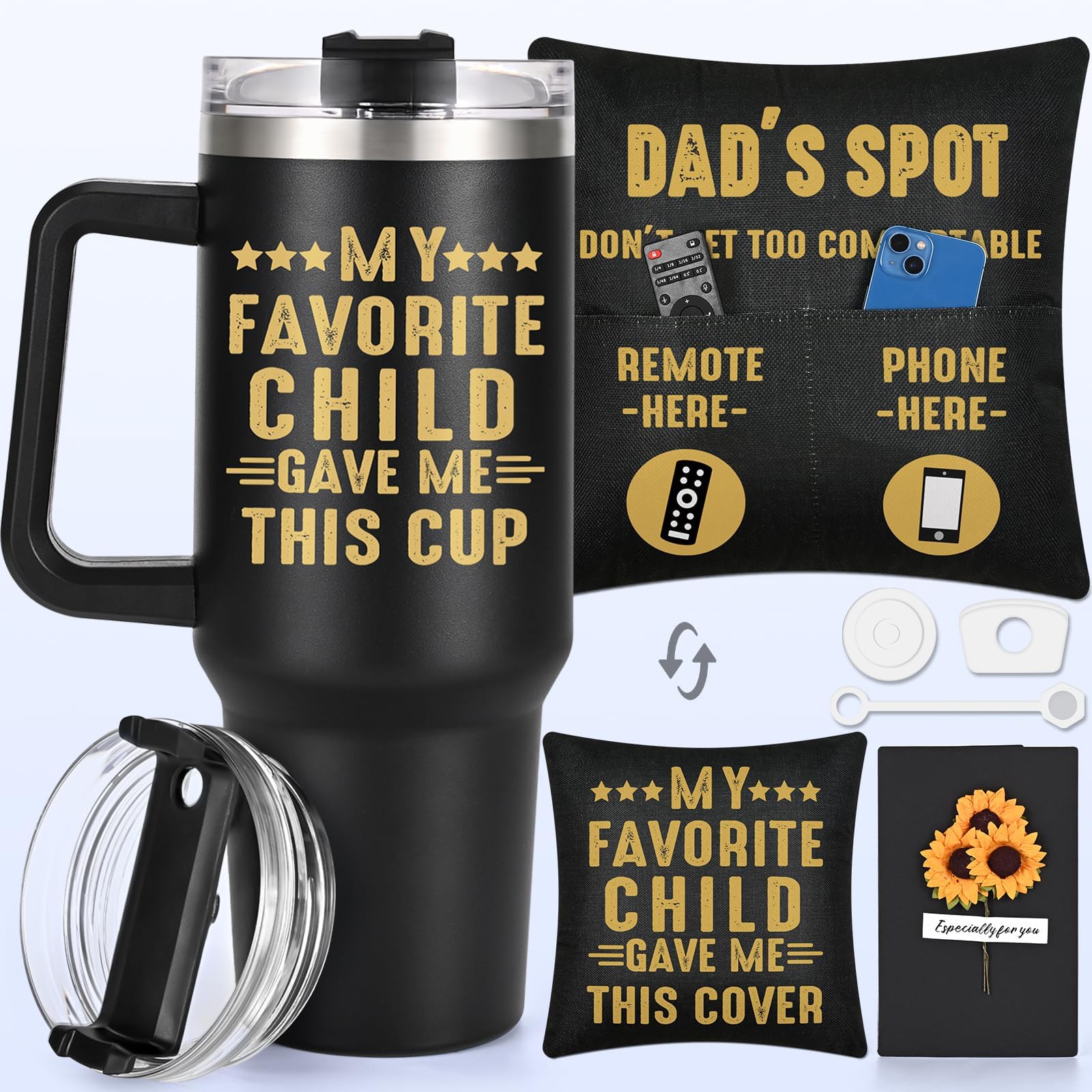 LiqCool Dad Gifts, 40 Oz Dad Tumbler, My Favorite Child Gave Me This with Pillow Cover & Card, Funny Unique Gifts for Dad from Daughter Wife Son, Father's Day Gifts Ideas(Black)