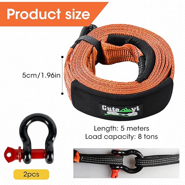 Cable de Remolque 8 Toneladas, Cable de Remolque de Alta Resistencia para Coche, 5m Resistente con 2 Ganchos Reforzados, para Emergencias Todo Terreno, Naranja - 2