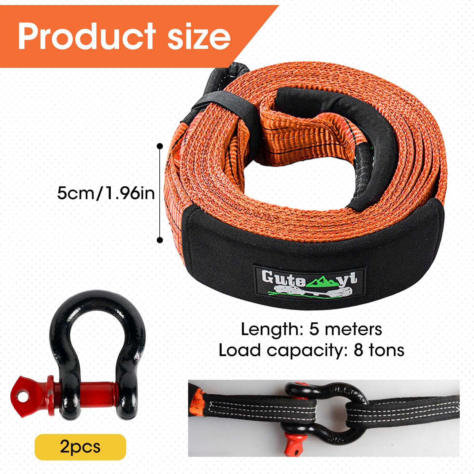 Cable de Remolque 8 Toneladas, Cable de Remolque de Alta Resistencia para Coche, 5m Resistente con 2 Ganchos Reforzados, para Emergencias Todo Terreno, Naranja - 3